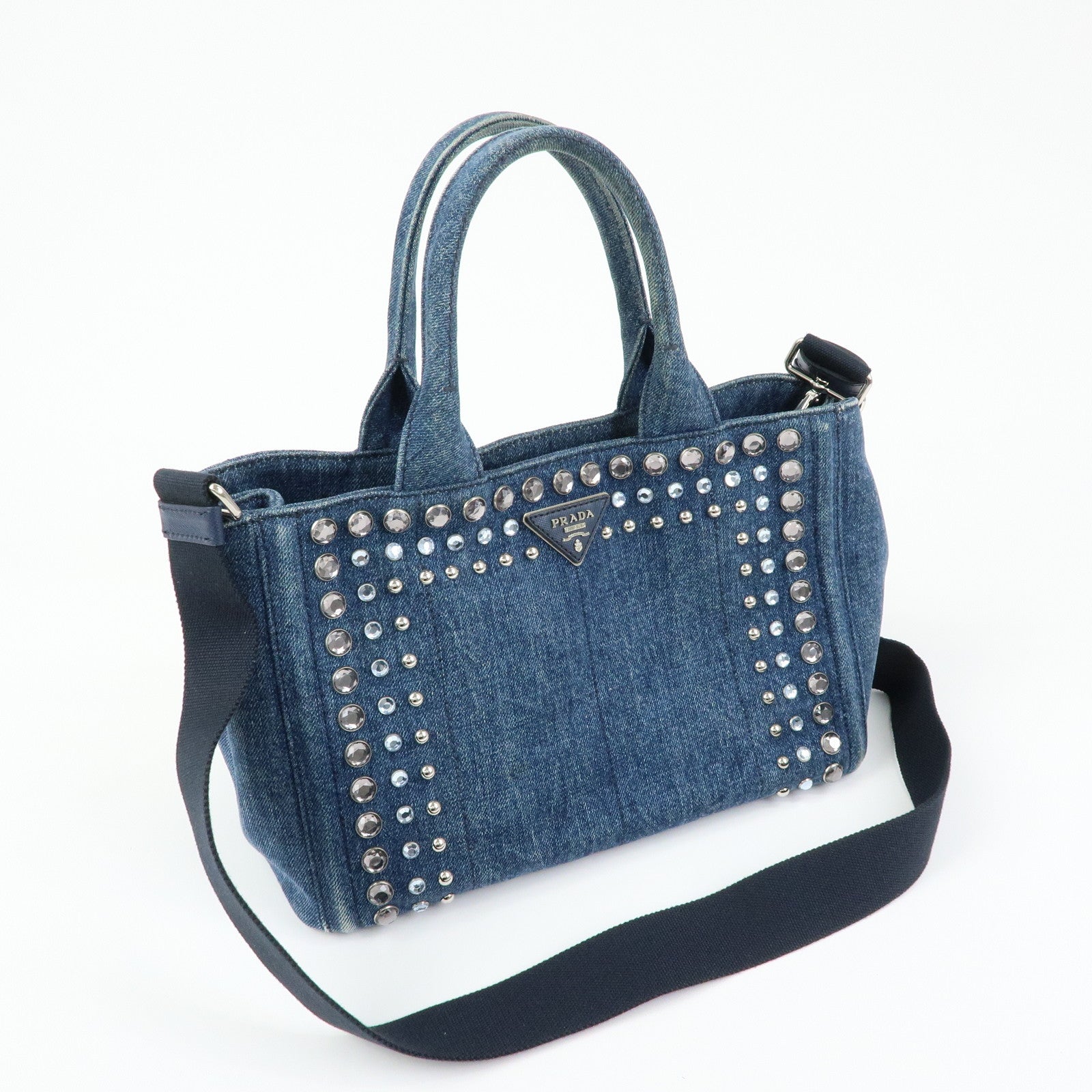 PRADA Canapa Triangle Logo Denim 2Way Bag Hand Bag Blue 1BG439