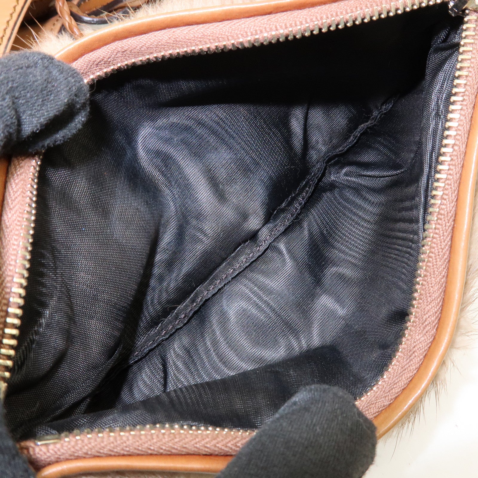 GUCCI Script Logo Leather Fur Tote Bag Fur Pouch Brown 269878