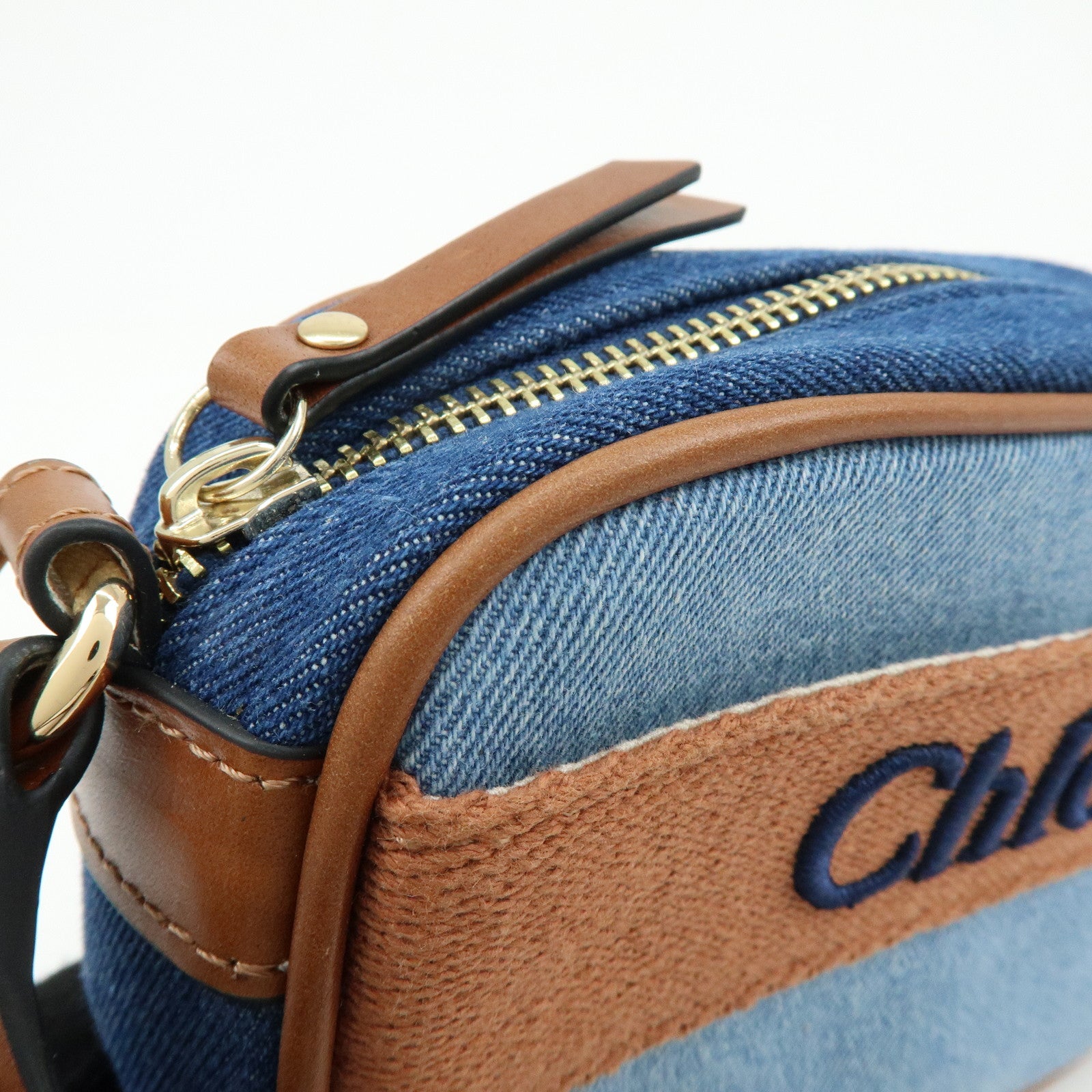 Chloe Denim Leather Canvas Shoulder Bag Crossbody Bag Brown Blue