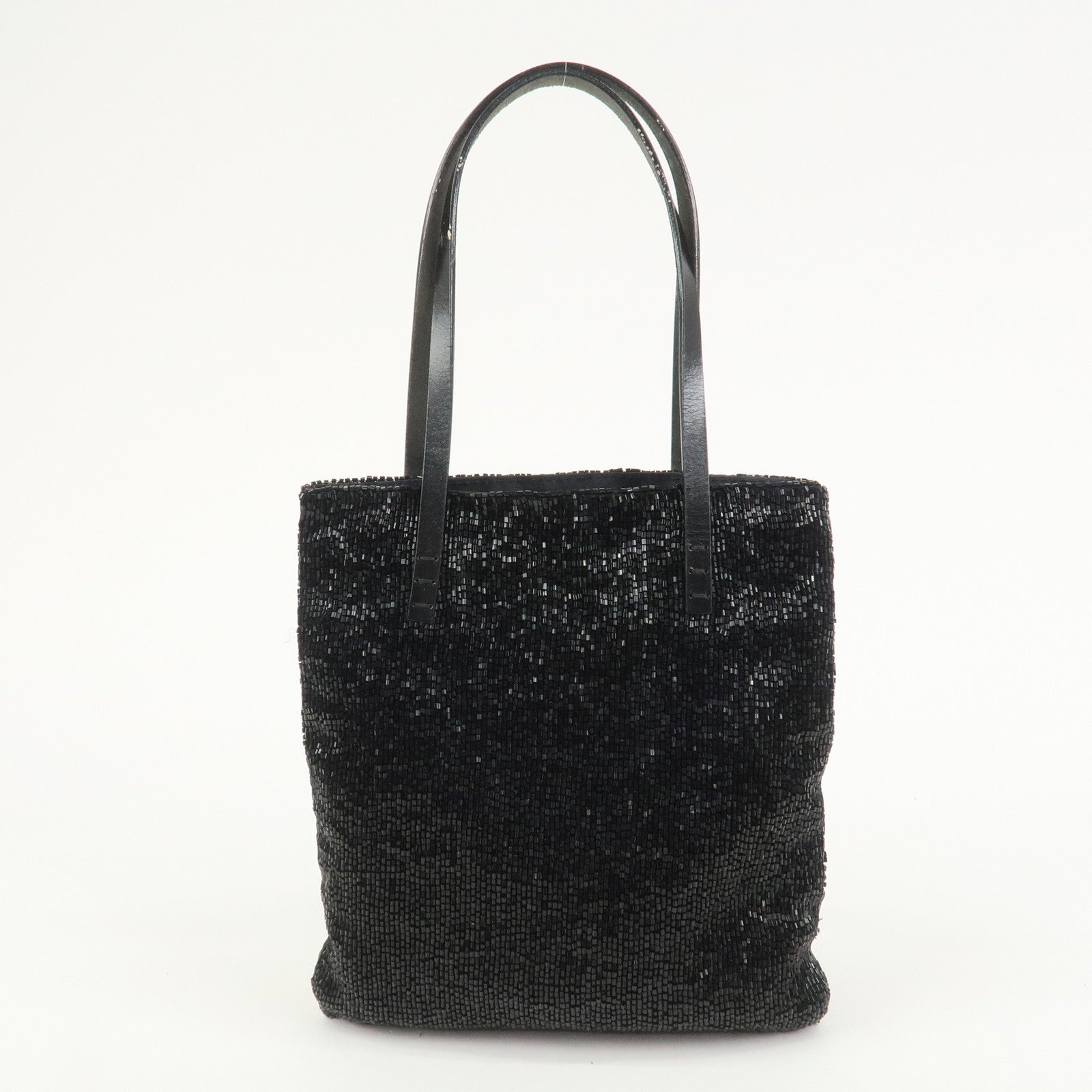 FENDI Logo Beads Leather Hand Bag Tote Bag Black