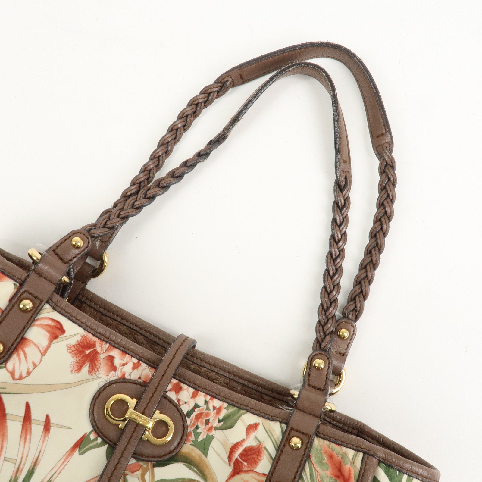 Ferragamo Gancini Leather Nylon Tote Bag Ivory Multicolor