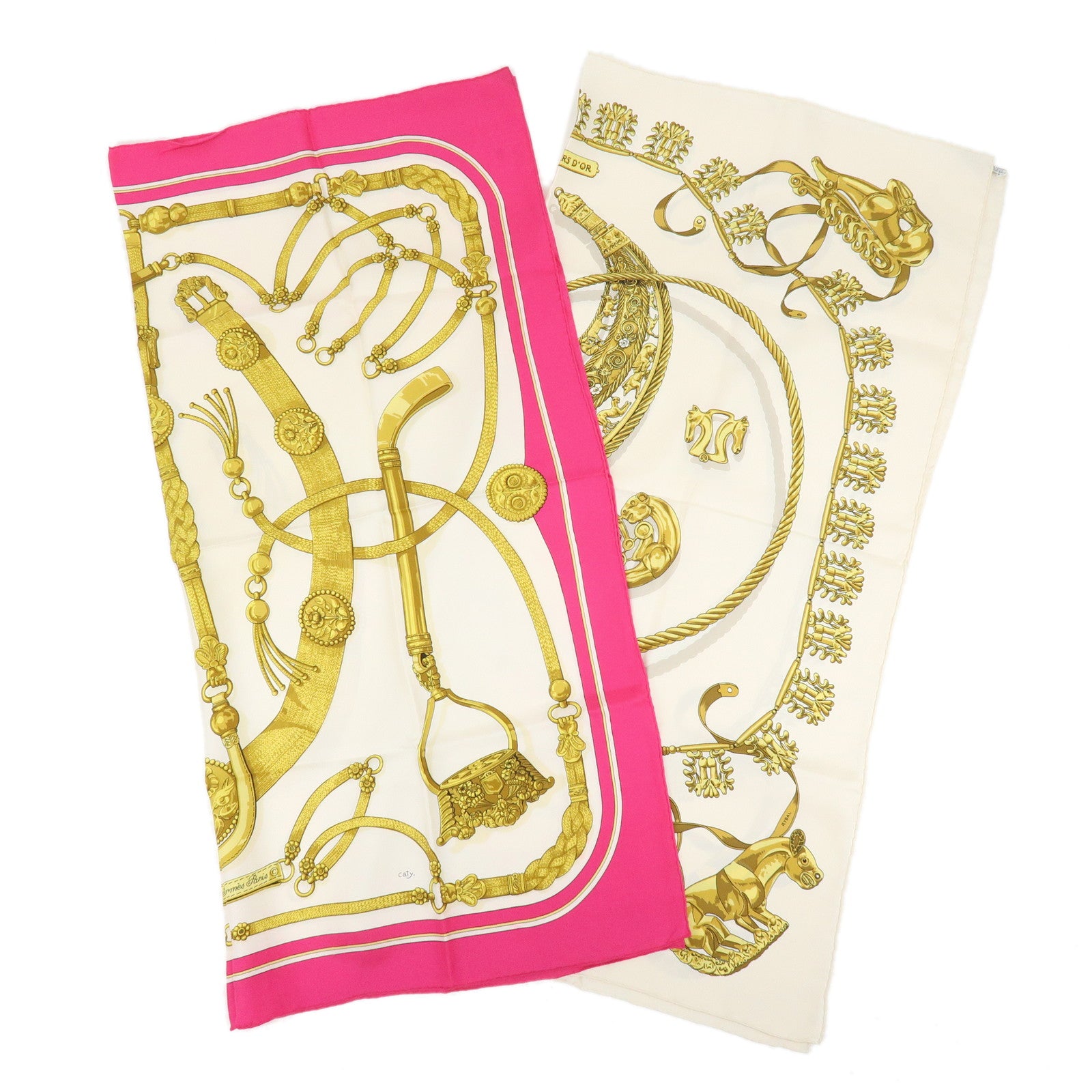 HERMES Carre 90 Set of 2 Silk 100% Scarves Gold Beige Pink