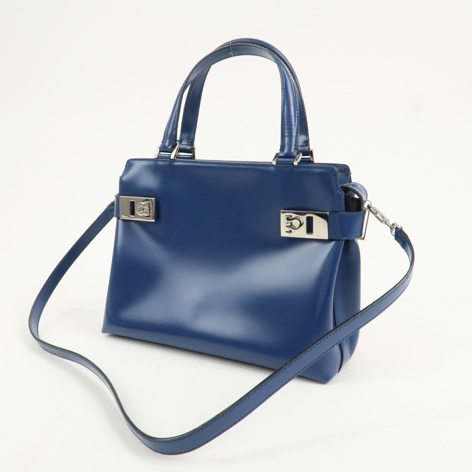 Ferragamo Gancini Logo Leather 2Way Bag Hand Bag Shoulder Bag Blue