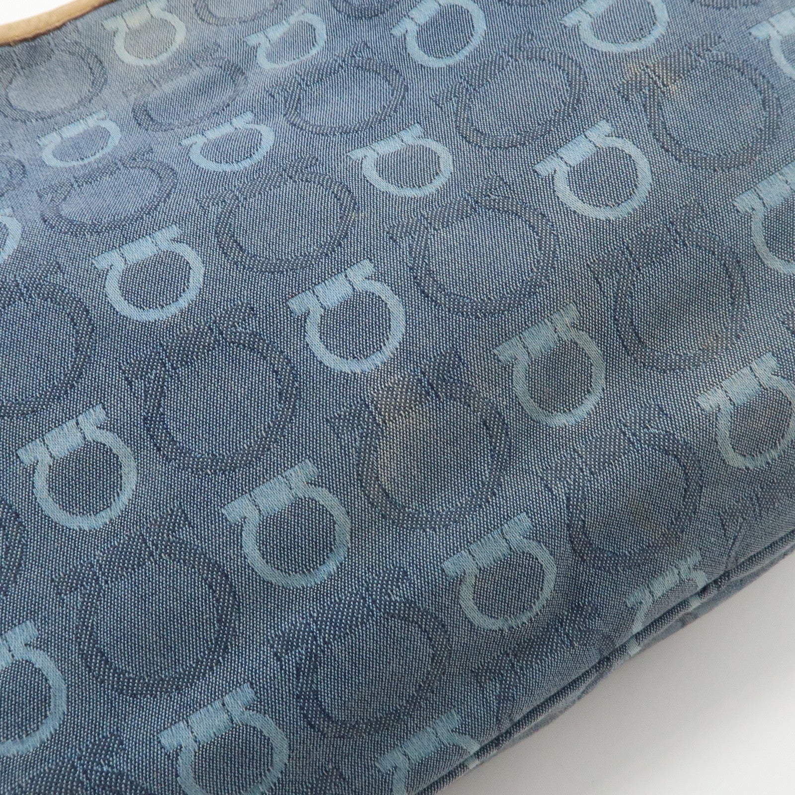 Ferragamo Gancini Canvas Leather Shoulder Bag Hand Bag Blue Beige
