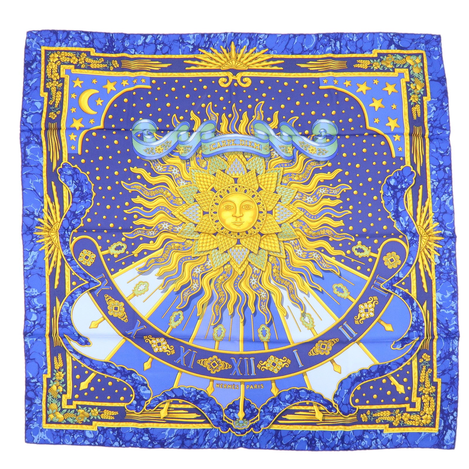 HERMES Carre 90 Silk 100% Scarf CARPE DIEM Blue Gold