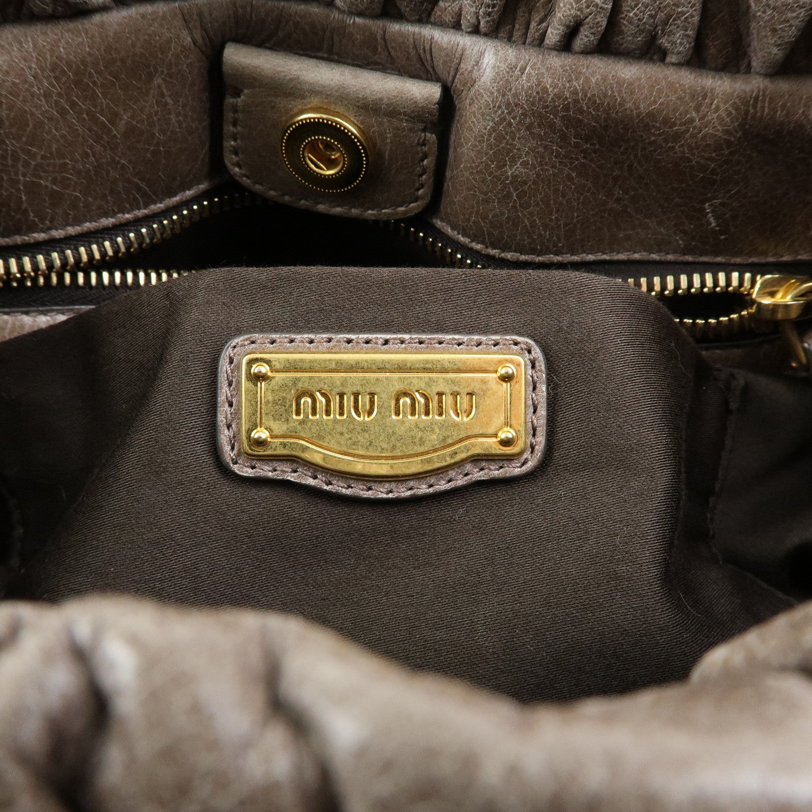 MIU MIU Logo Leather Hand Bag Tote Bag Gray Gold
