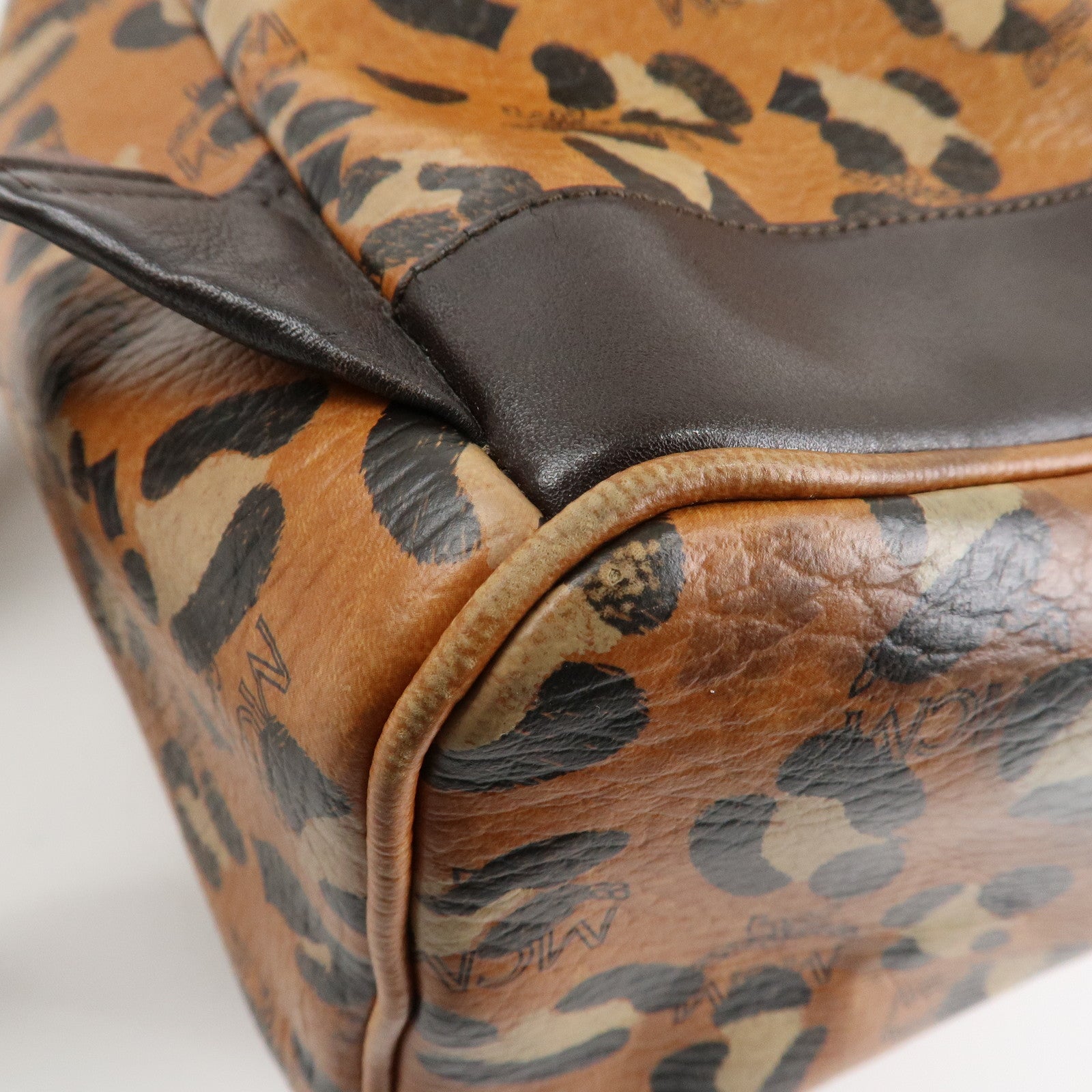 MCM Visetos Leather Leopard Back Pack Black Beige Brown Gold HDW Used