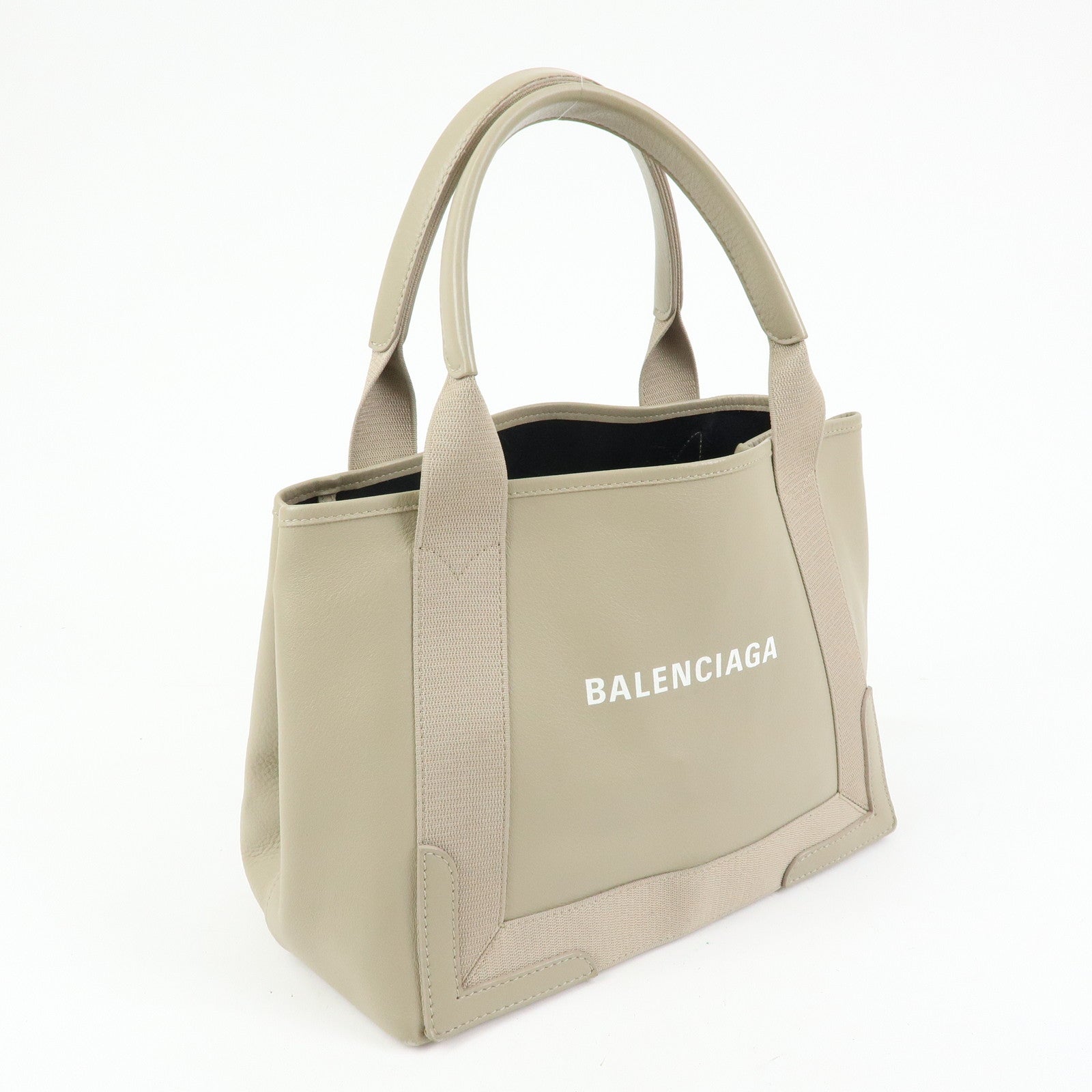 BALENCIAGA Navy Cabas Leather Small Tote Bag Beige 339933