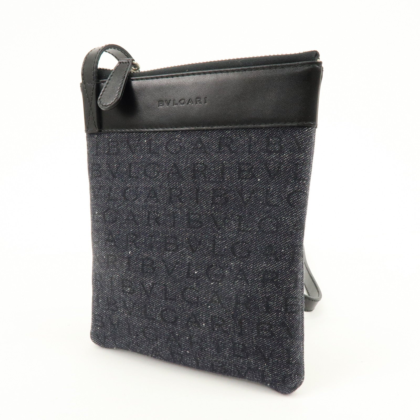 BVLGARI Logo Mania Denim Leather Shoulder Bag Crossbody Bag Black