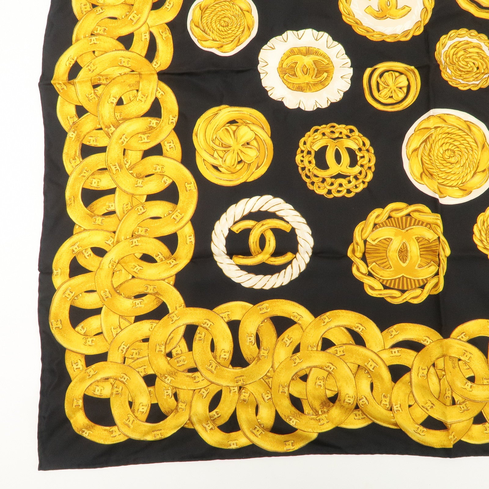CHANEL COCO Mark Silk 100% Scarf Chain Pattern Black Gold Used