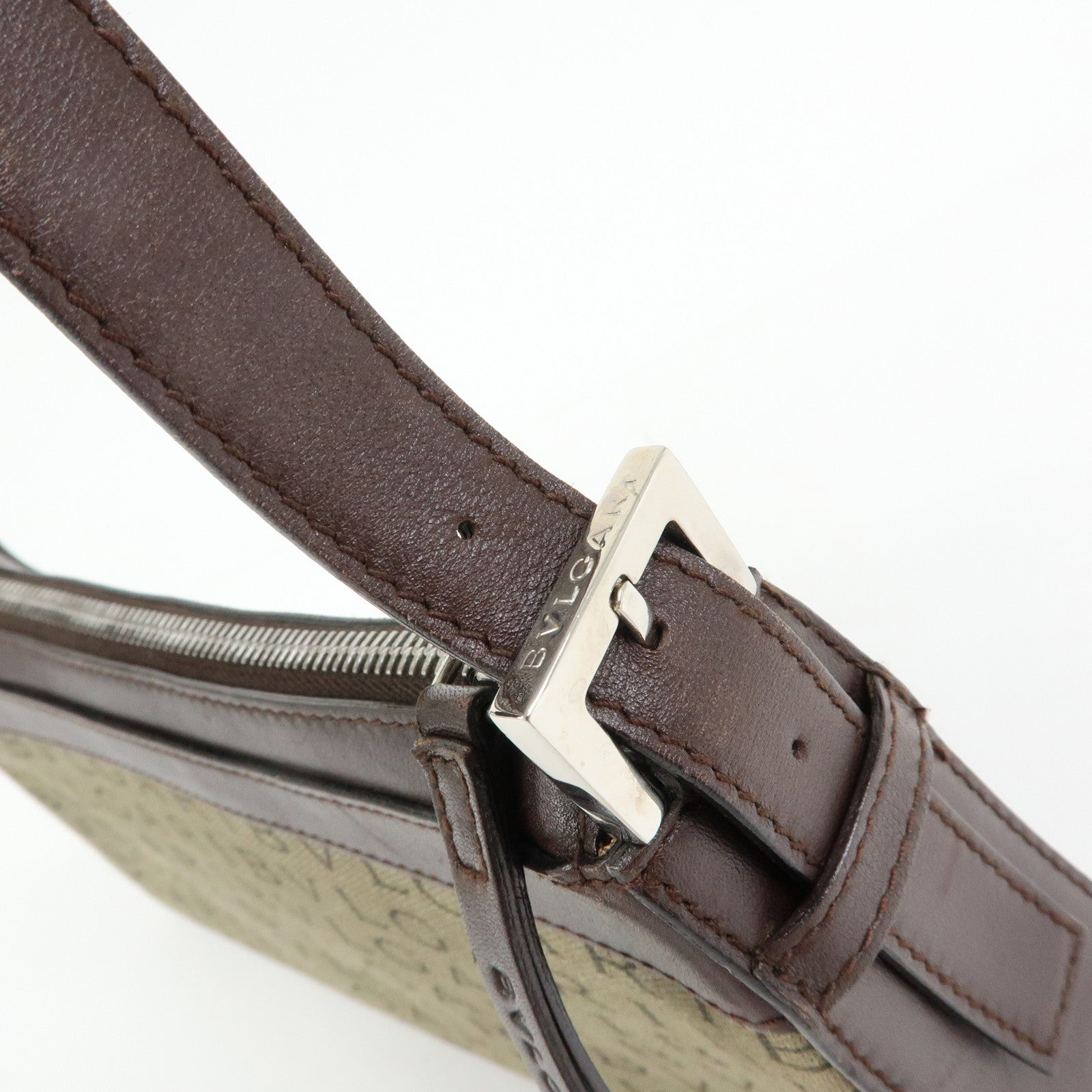 BVLGARI Logo Mania Canvas Leather Shoulder Bag Hand Bag Khaki