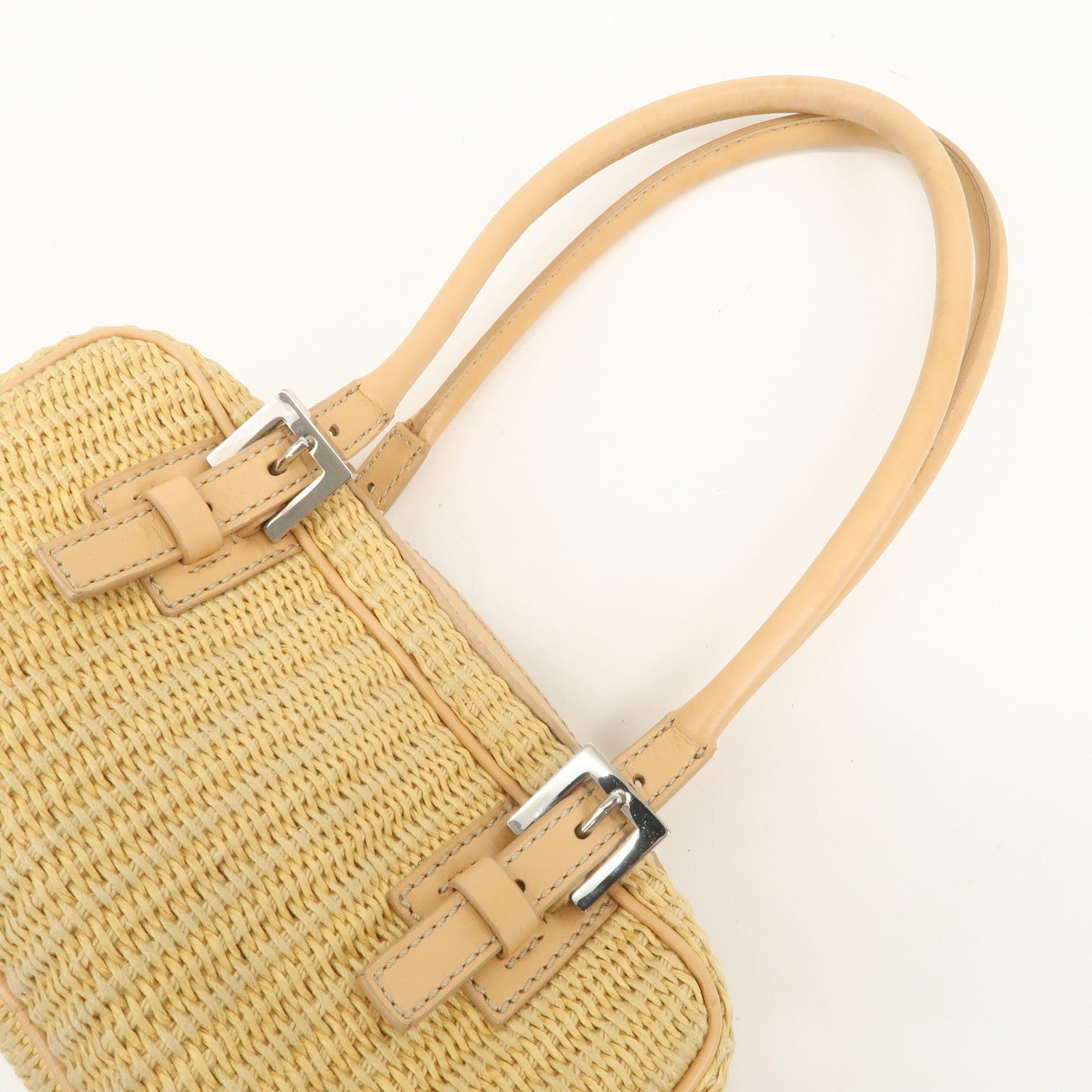 FENDI Raffia Leather Small Boston Hand Shoulder Bag Natural 8BN004