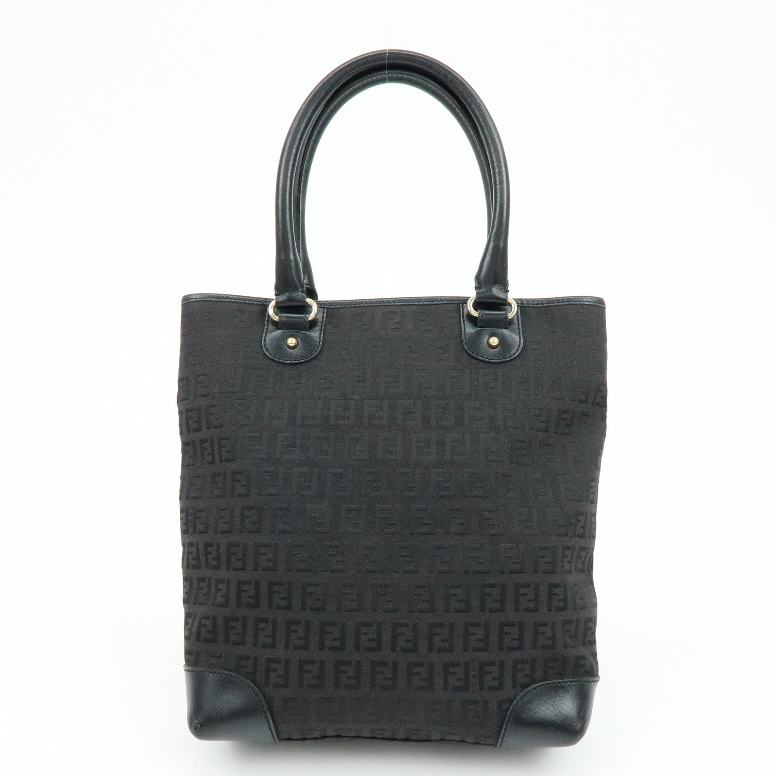 Fendi Zucchino Canvas Leather Hand Bag Tote Bag Black Brown 8BH139