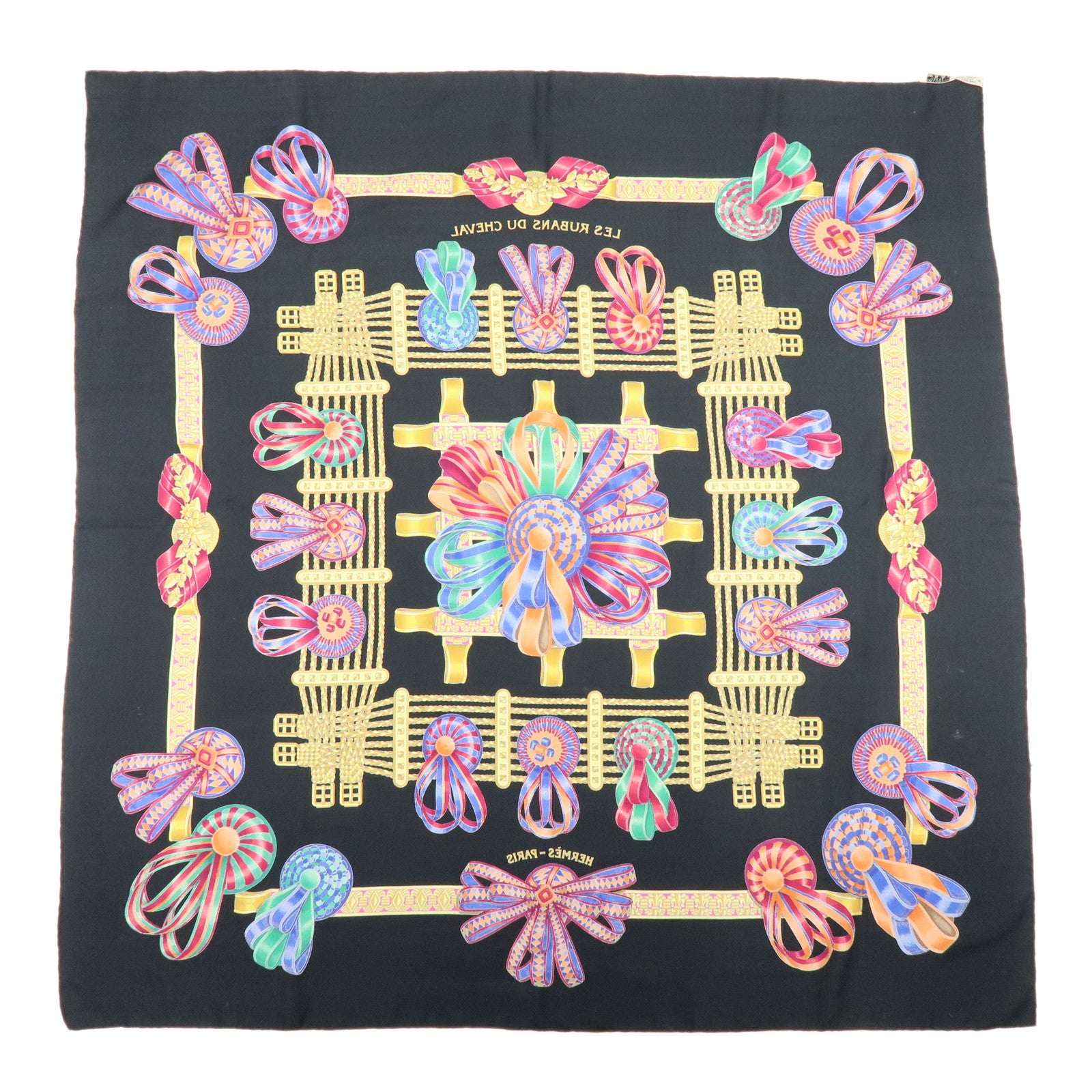 HERMES Carre 90 Silk 100% Scarf LES RUBANS DU CHEVAL Black