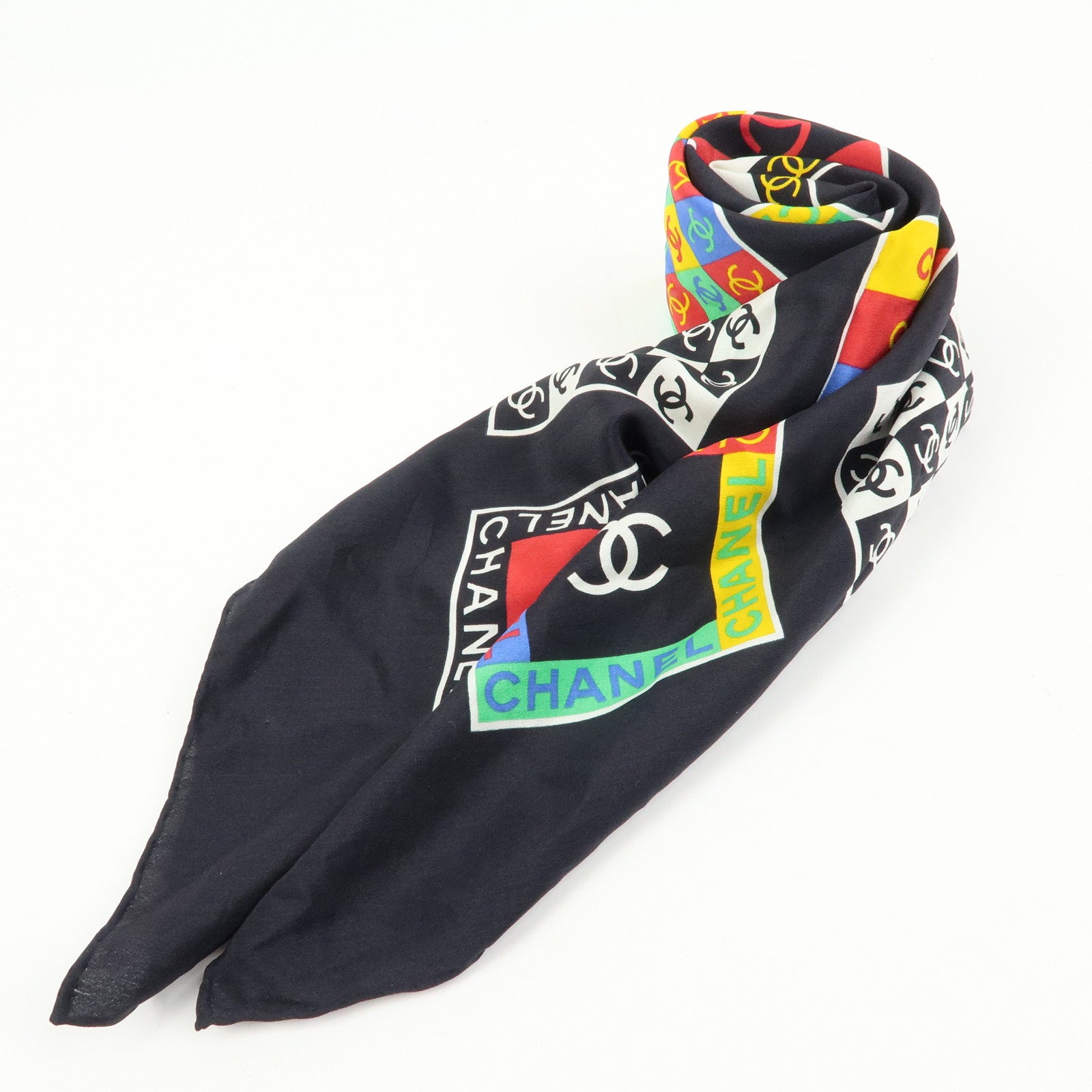 CHANEL COCO Mark Silk 100% Scarf 85×85 Black Multicolor