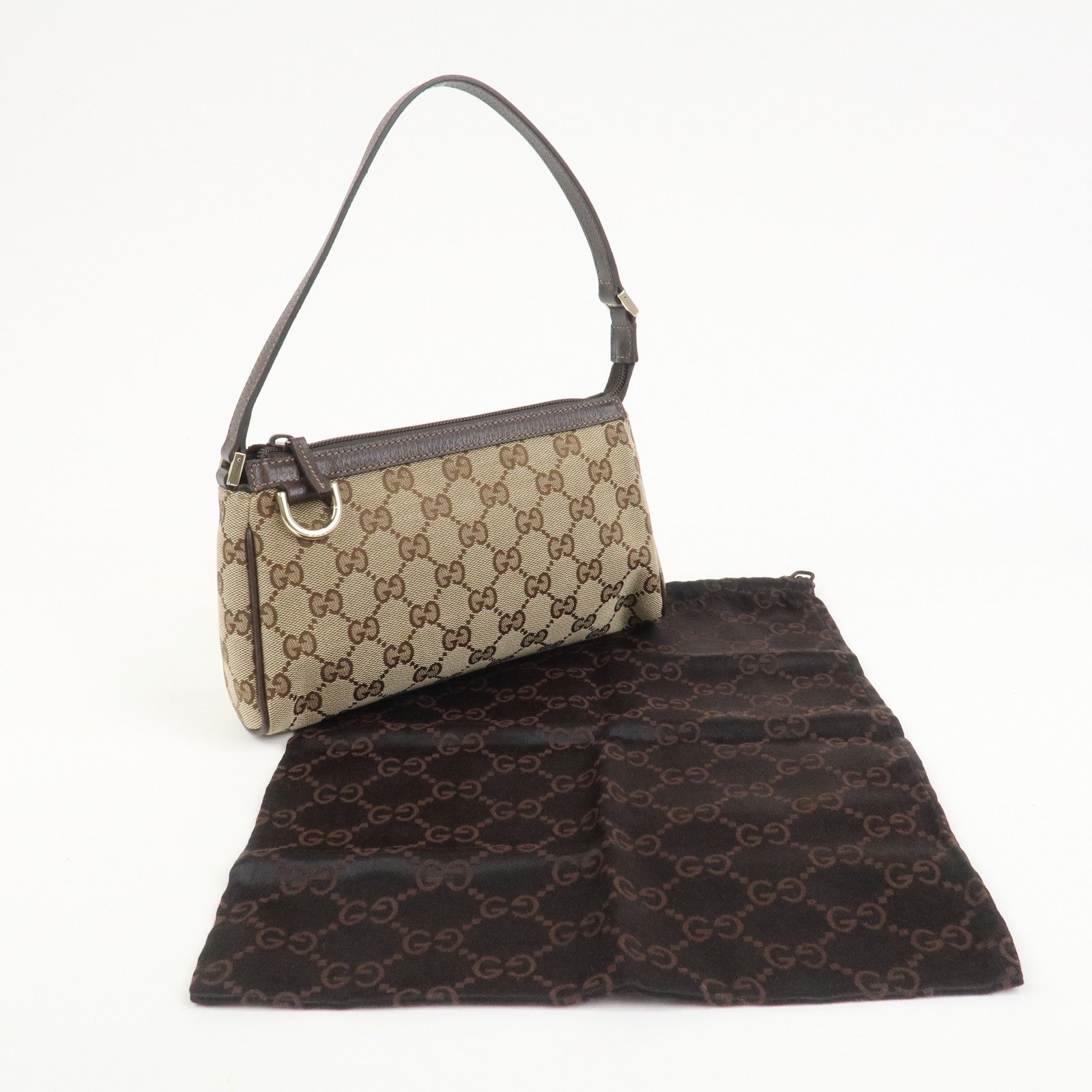 GUCCI GG Canvas Leather Accessory Pouch Hand Bag Brown 145750