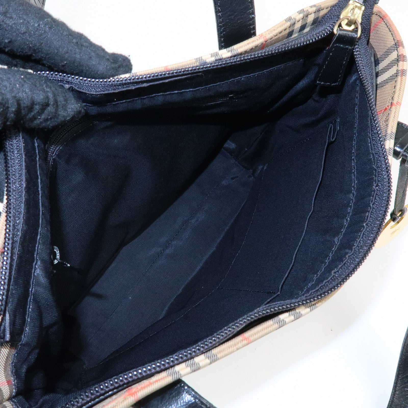 BURBERRY Canvas Leather Nova Plaid Tote Shoulder Bag Beige Black