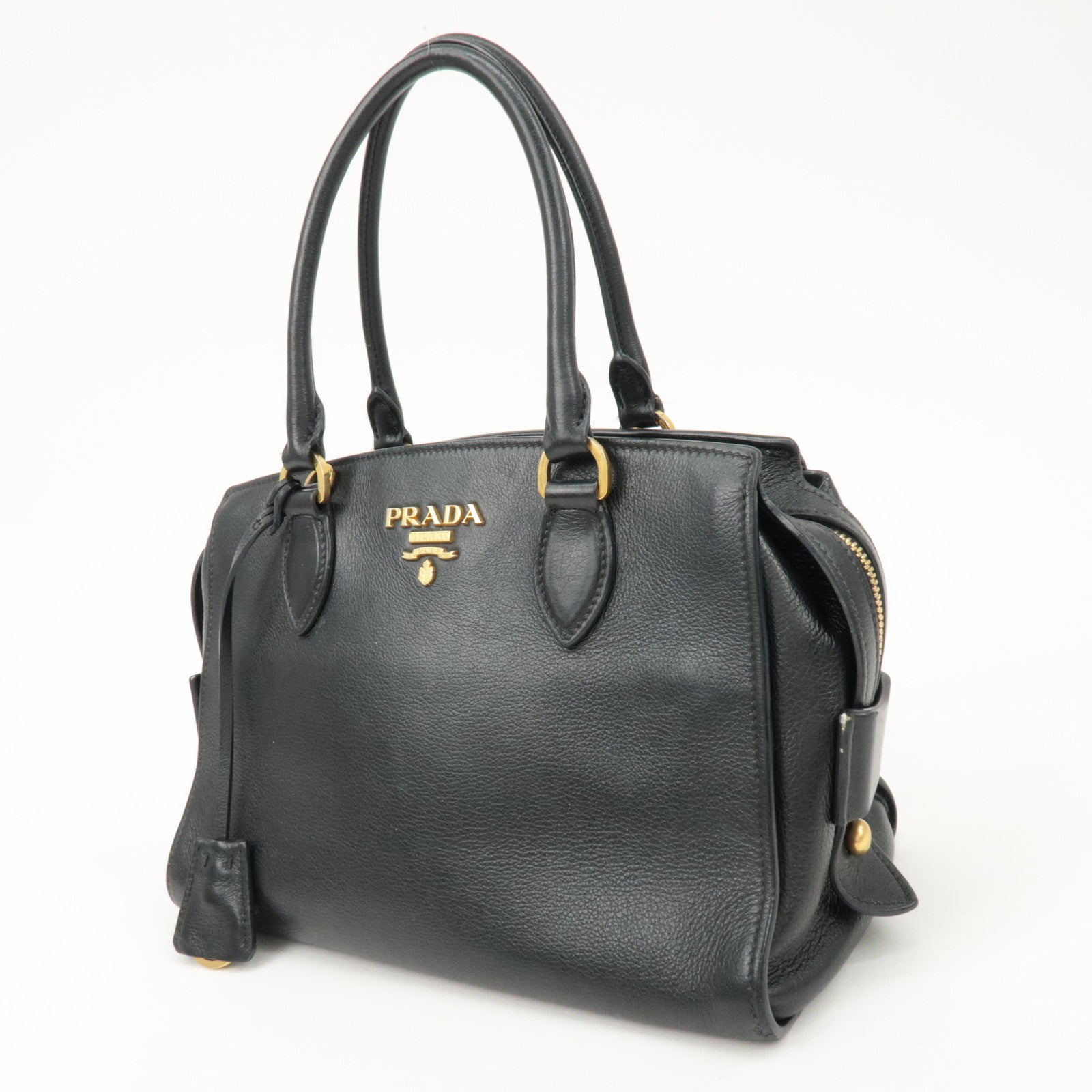 PRADA Leather 2Way Bag Shoulder Hand Bag Black Gold Used