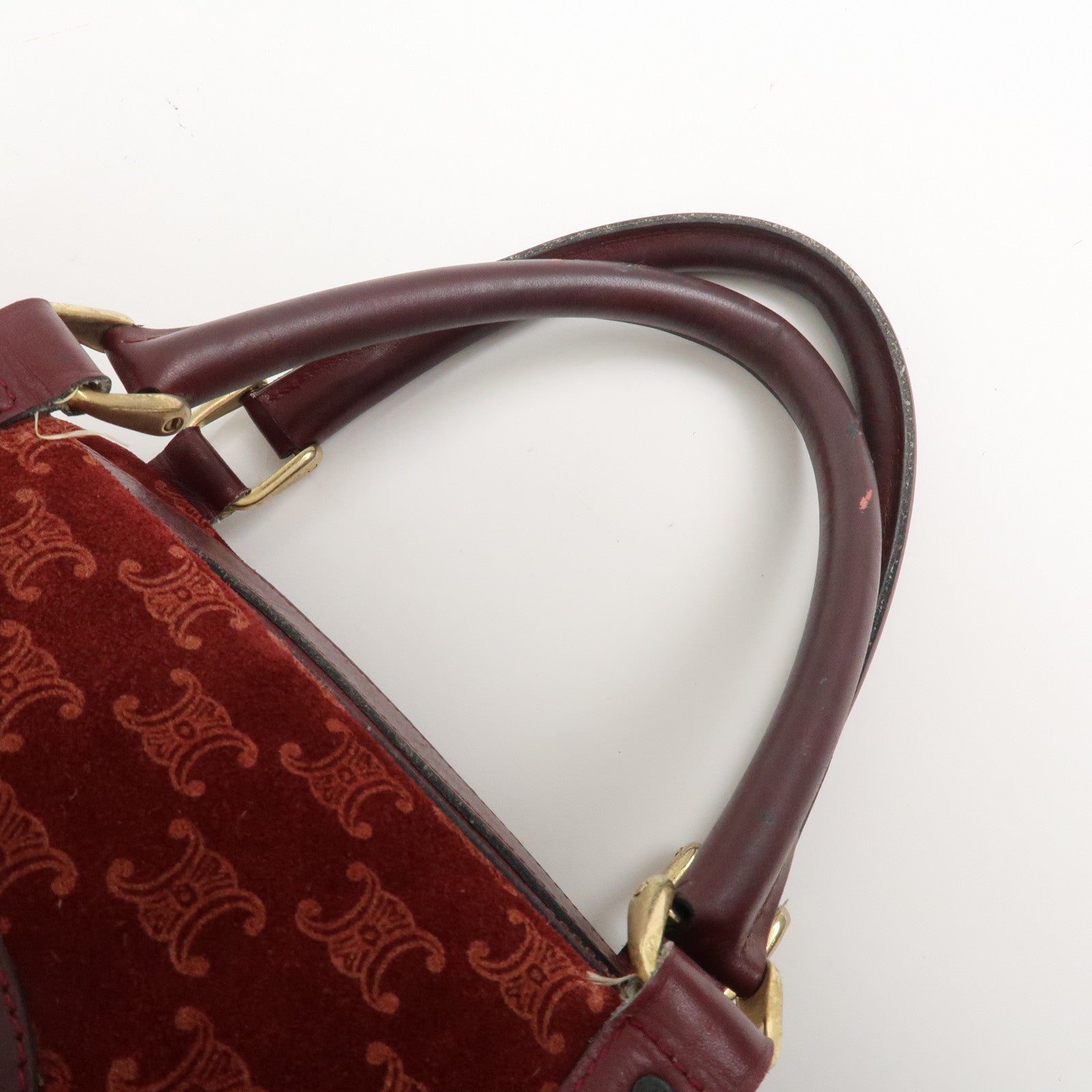 CELINE Macadam Logo Suede Leather Boston Bag Hand Bag Red Brown