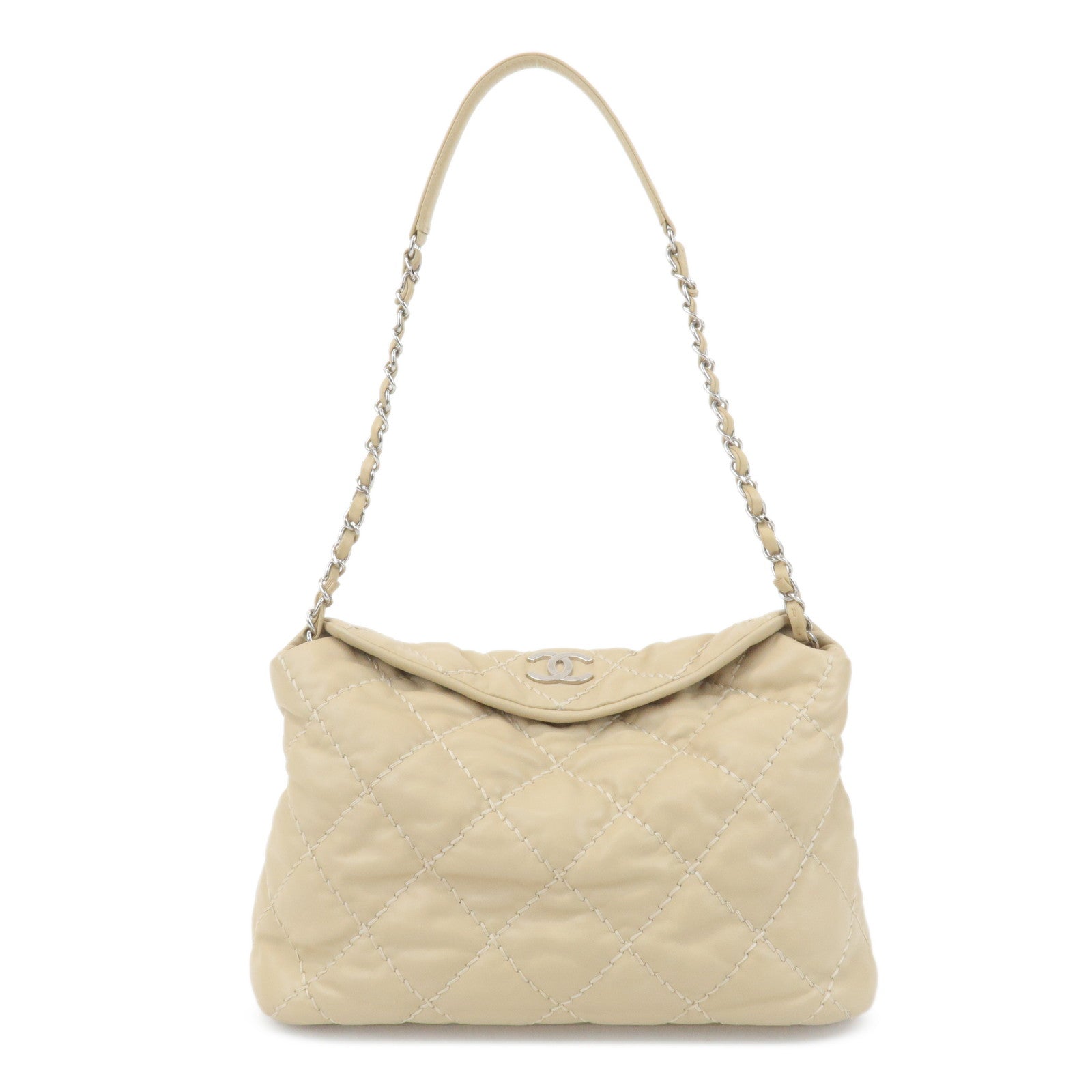 CHANEL Wild Stitch Lamb Skin Chain Shoulder Bag Hand Bag Beige Used