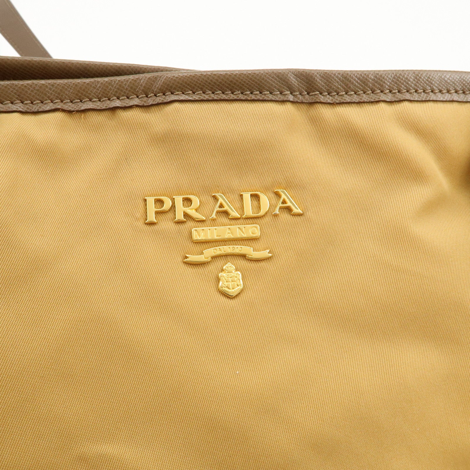 PRADA Logo Nylon Saffiano Leather Tote Bag Shoulder Bag Light Brown