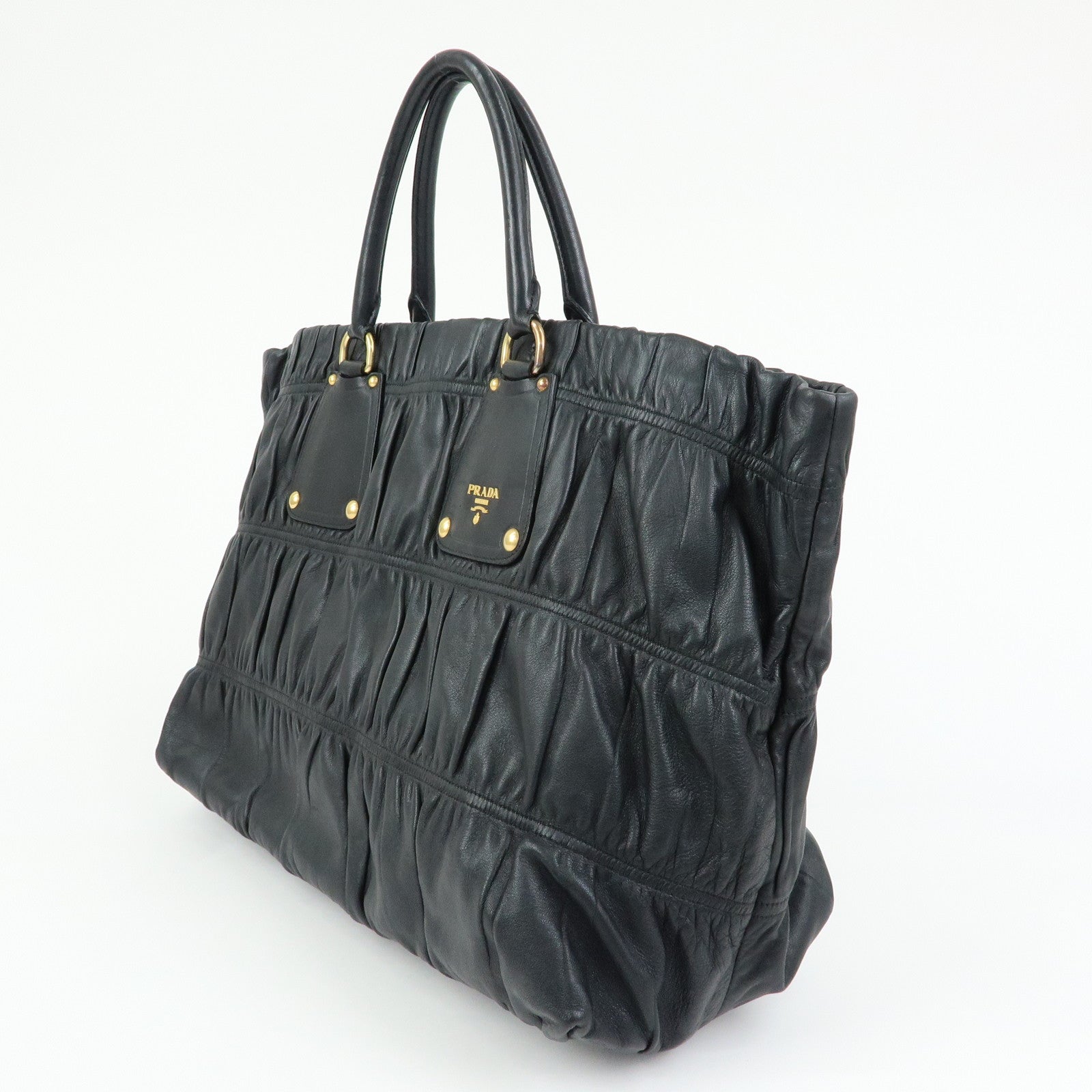 PRADA Logo Leather Gathered Tote Bag Hand Bag Black