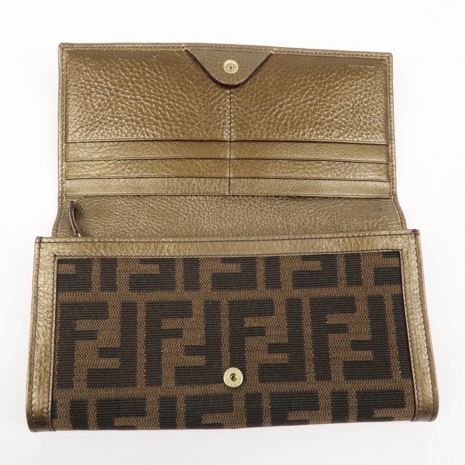 FENDI Zucca Canvas Leather Bi-fold Long Wallet Brown Gold 8M0000