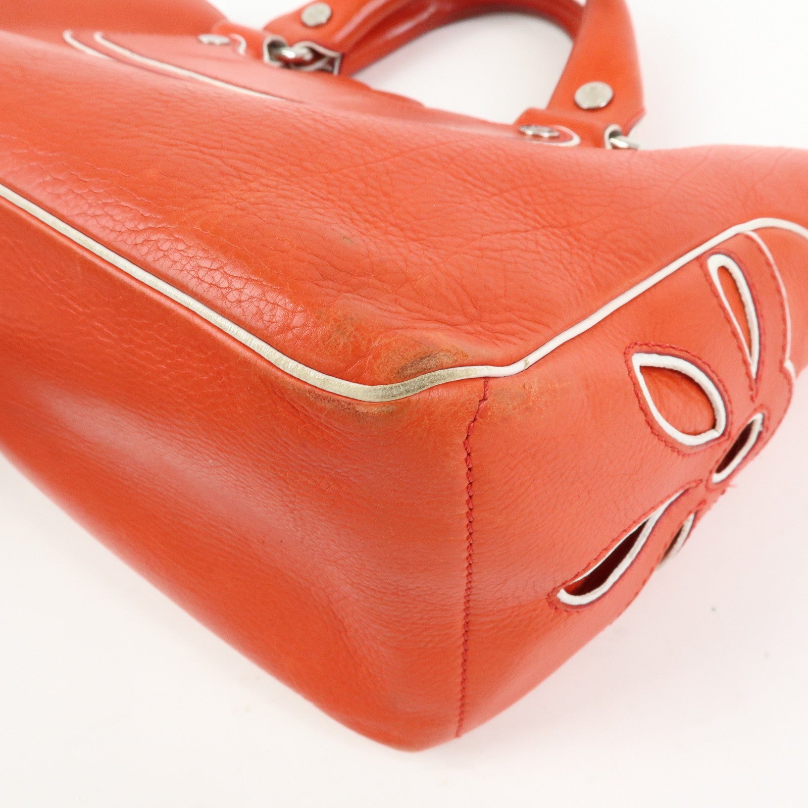 CELINE Scalloped Boogie Bag Leather Hand Bag Tote Bag Orange White