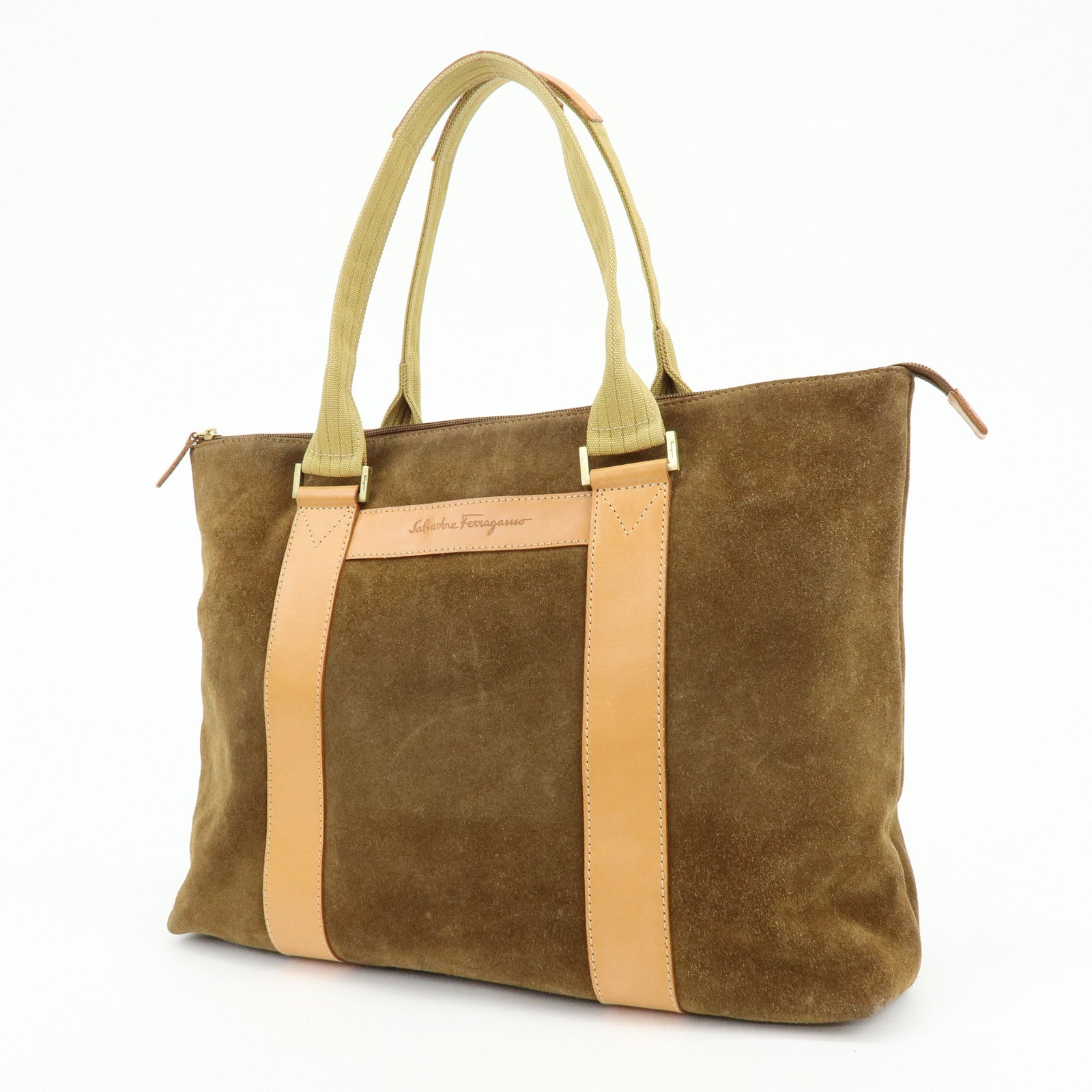 Ferragamo Suede Leather Tote Bag Shoulder Bag Hand Bag Brown