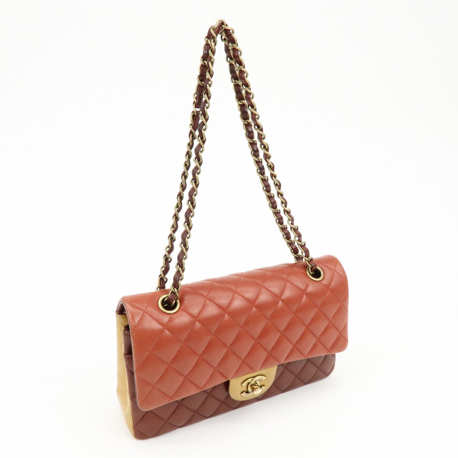 CHANEL Matelasse 25 Double Flap Chain Shoulder Bag Red Brown A01112