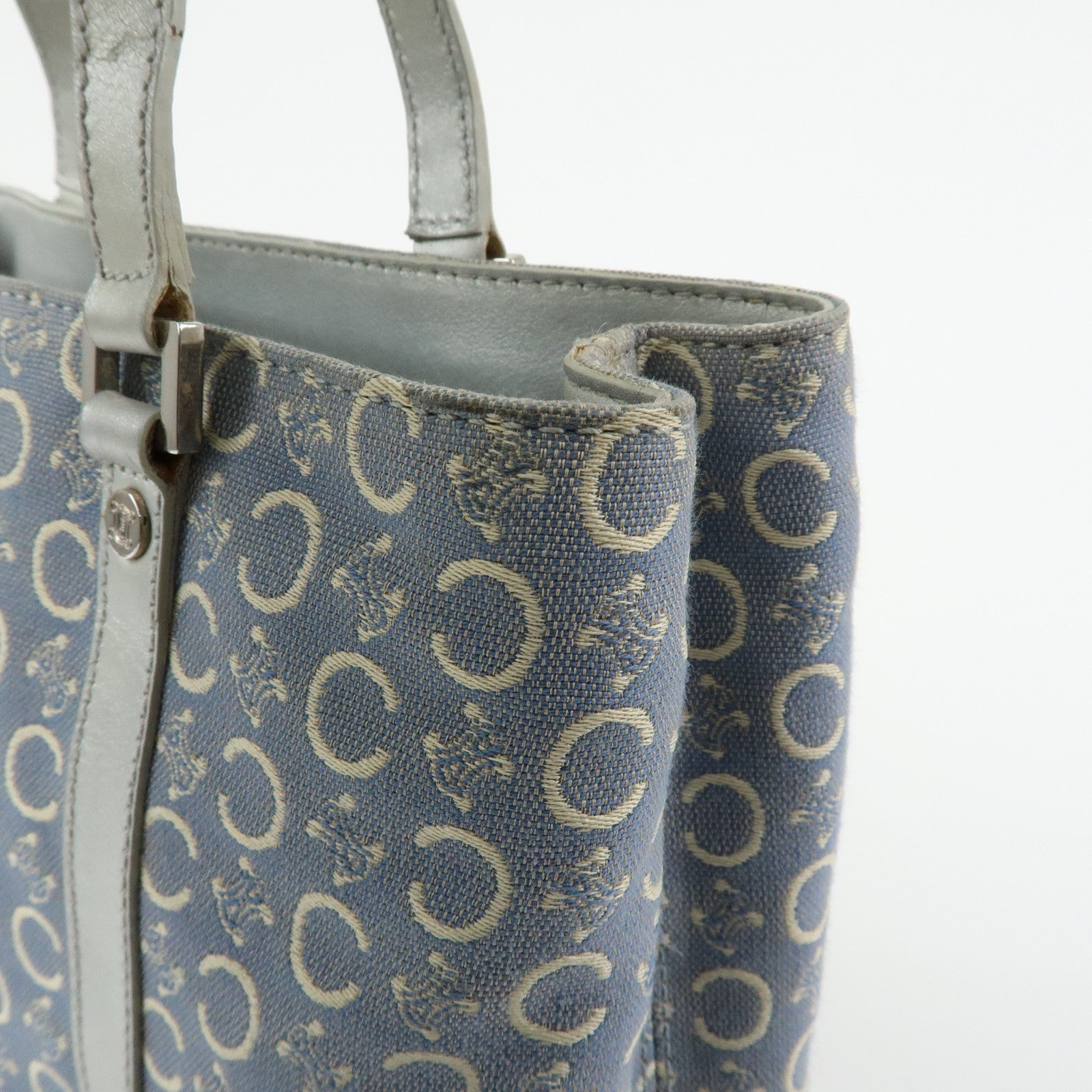 CELINE C Macadam Canvas Leather Tote Bag Hand Bag Light Blue Silver