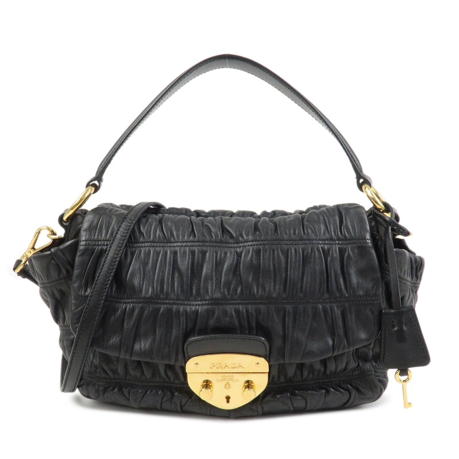 PRADA Logo Gathered Leather 2Way Bag Hand Bag Shoulder Bag Black