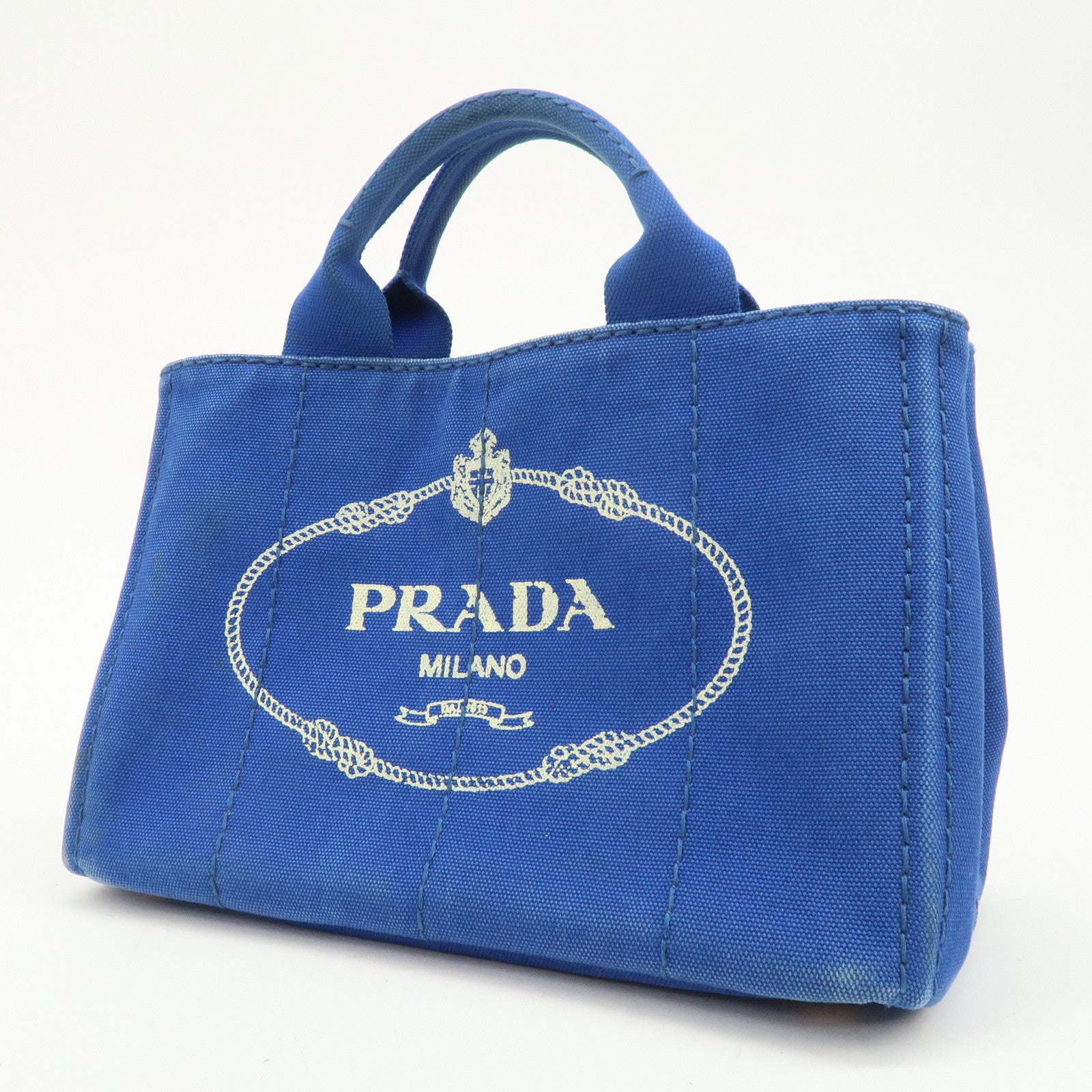 PRADA Logo Canapa Mini Canvas Hand Bag Tote Bag Blue BN2439