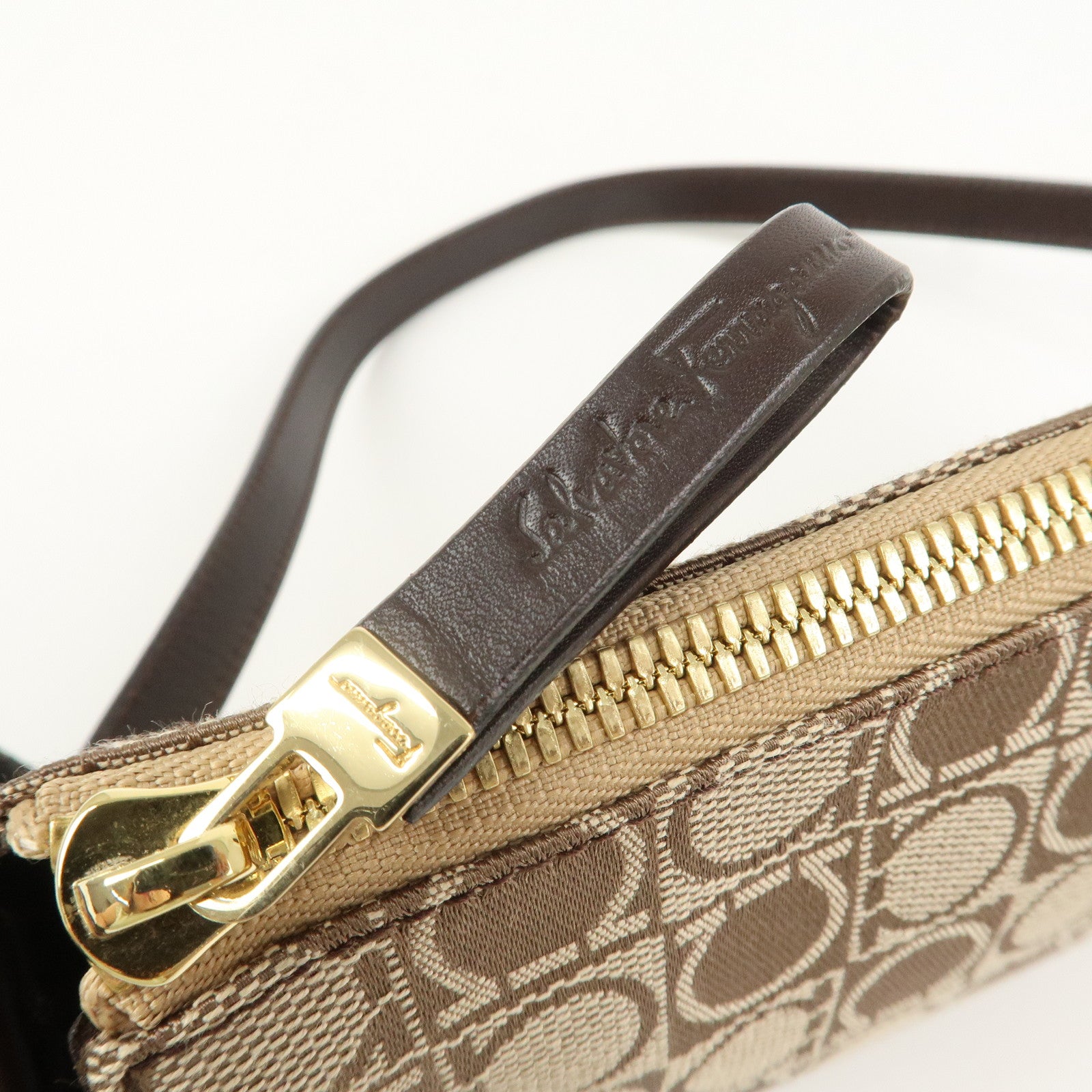 Ferragamo Gancini Canvas Leather Shoulder Bag Hand Bag Brown