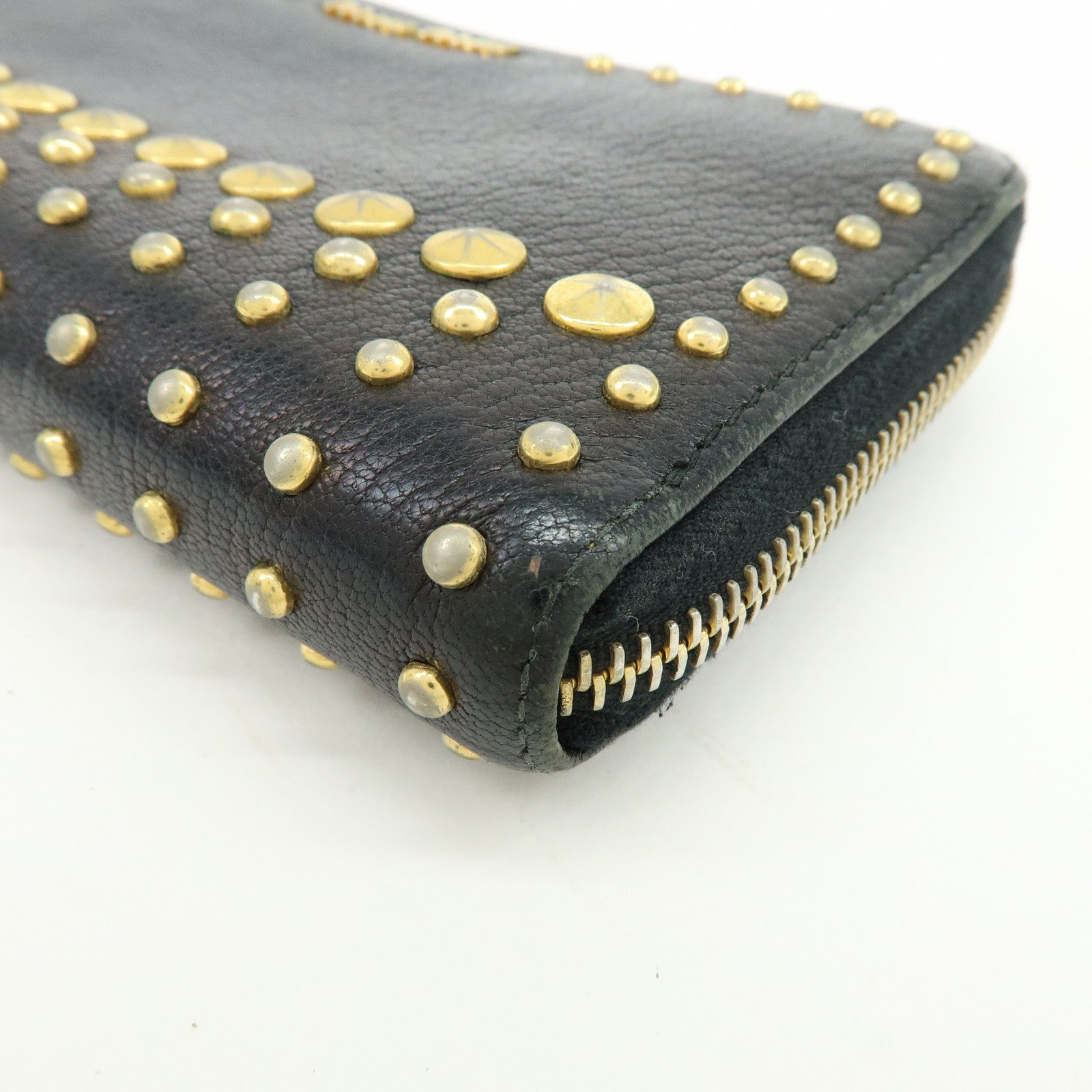 MIU MIU Logo Leather Studs Zippy Long Wallet Black 5M0506