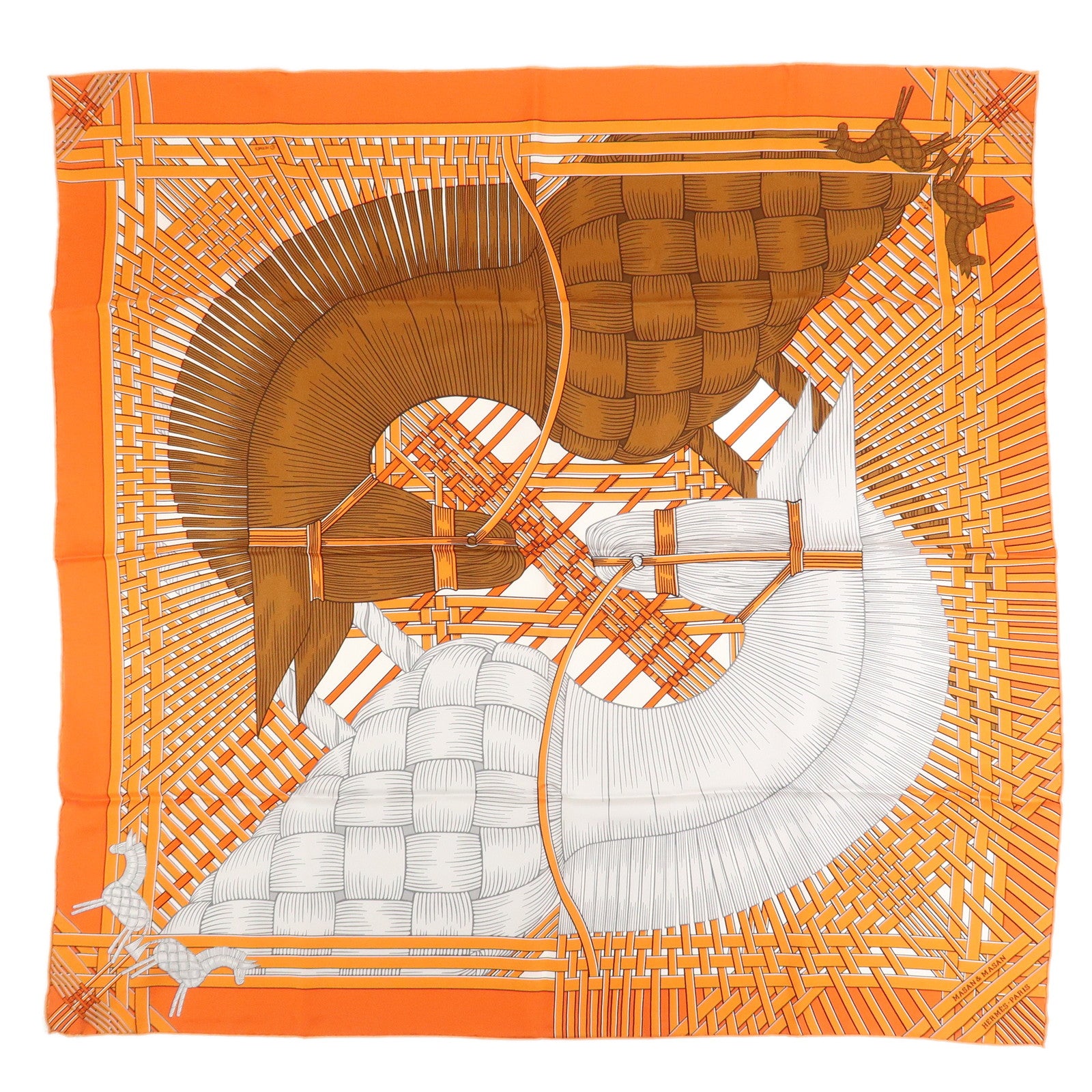 HERMES Carre 90 Silk 100% Scarf MASAN&MASAN Orange
