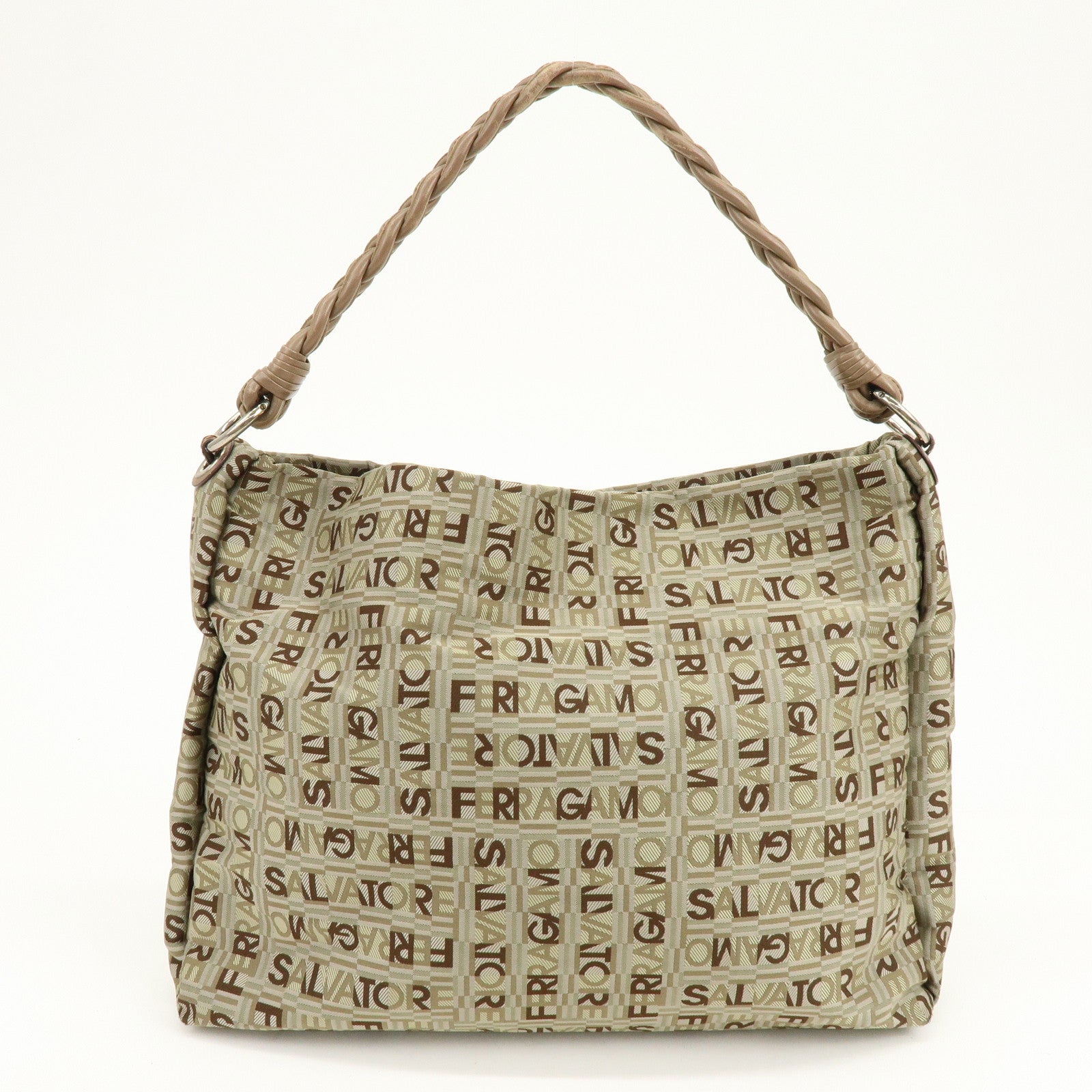 Ferragamo Logo Canvas Leather Shoulder Bag Beige Brown Khaki