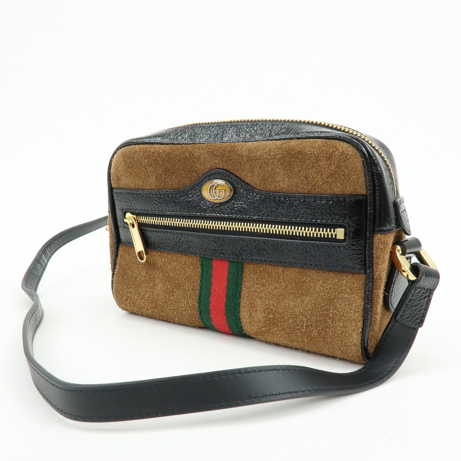 GUCCI Ophidia Sherry Suede Patent Leather Shoulder Bag Brown 573321