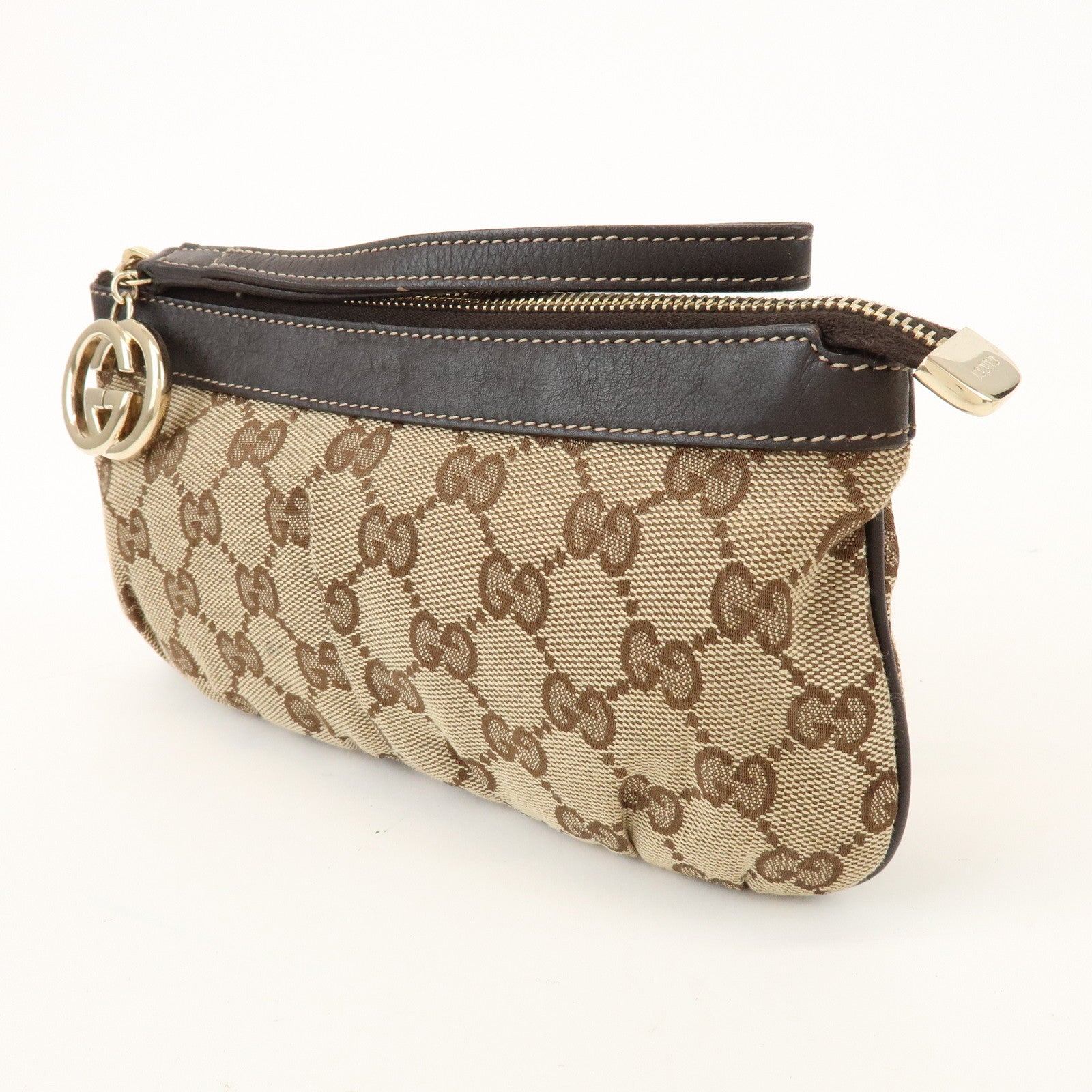 GUCCI Interlocking G GG Canvas Leather Pouch Wristlet Bag 212203