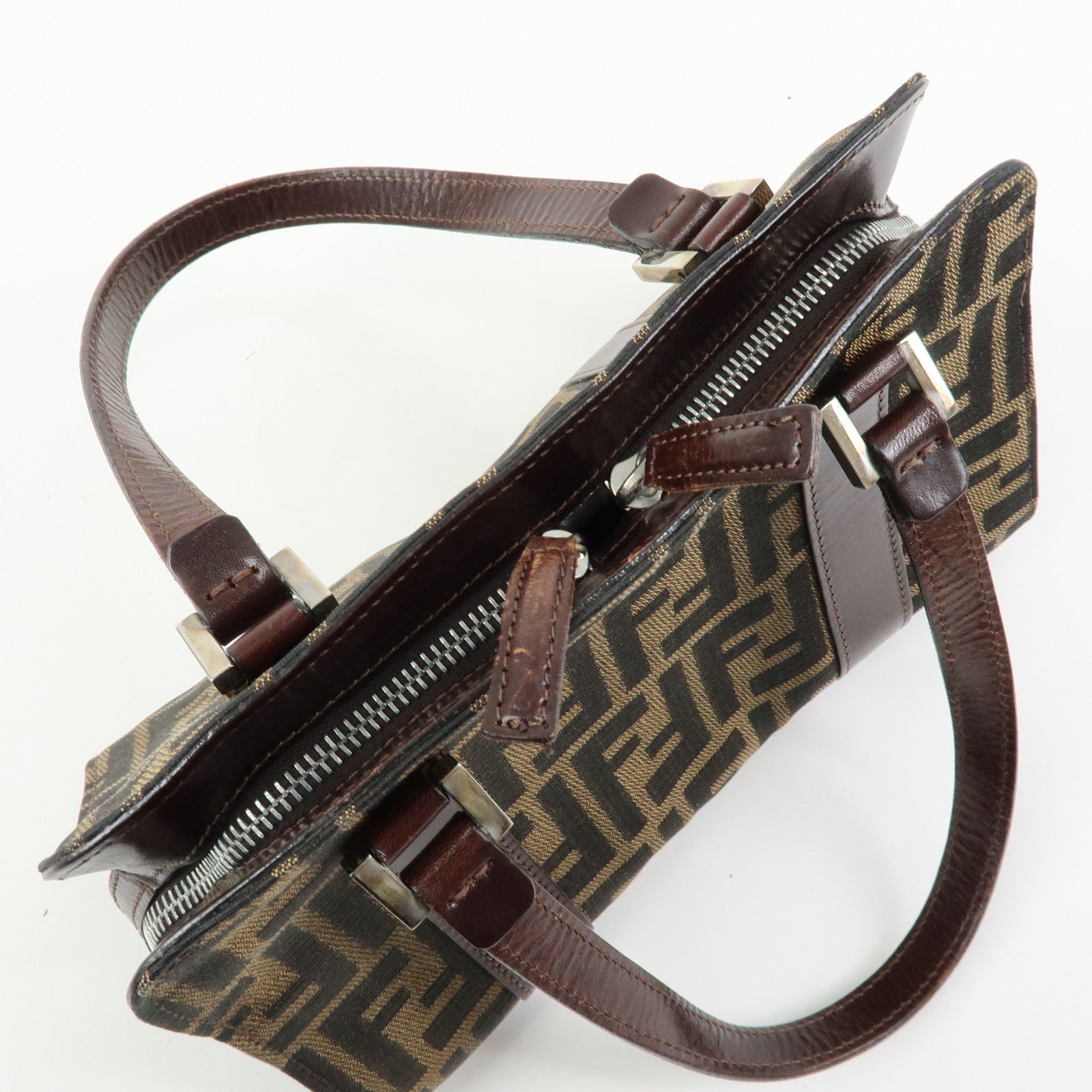 FENDI Zucca Jacquard Canvas Leather Top Handle Hand Bag Brown