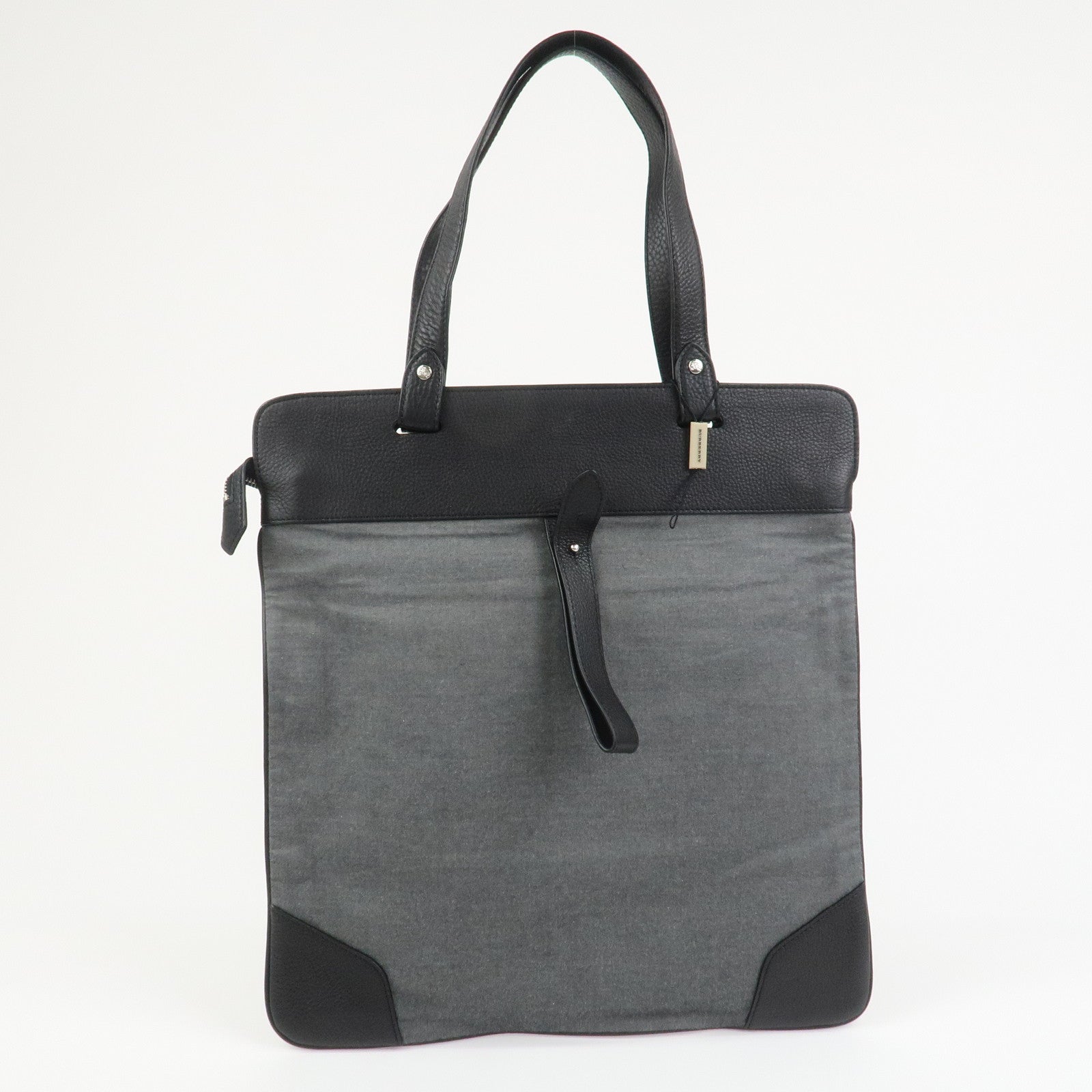 BURBERRY Logo Leather Canvas Tote Bag Black Grey