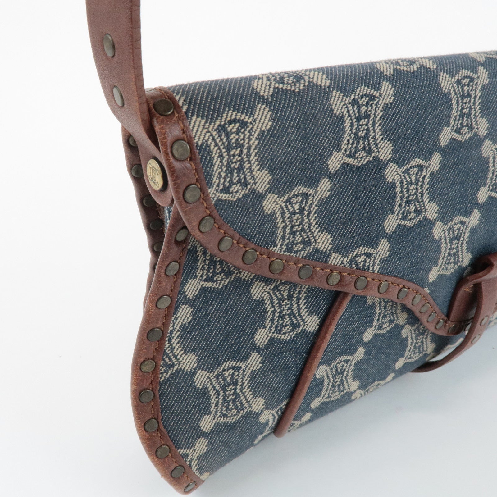 CELINE Macadam Denim Canvas Leather Shoulder Bag Blue Brown Used