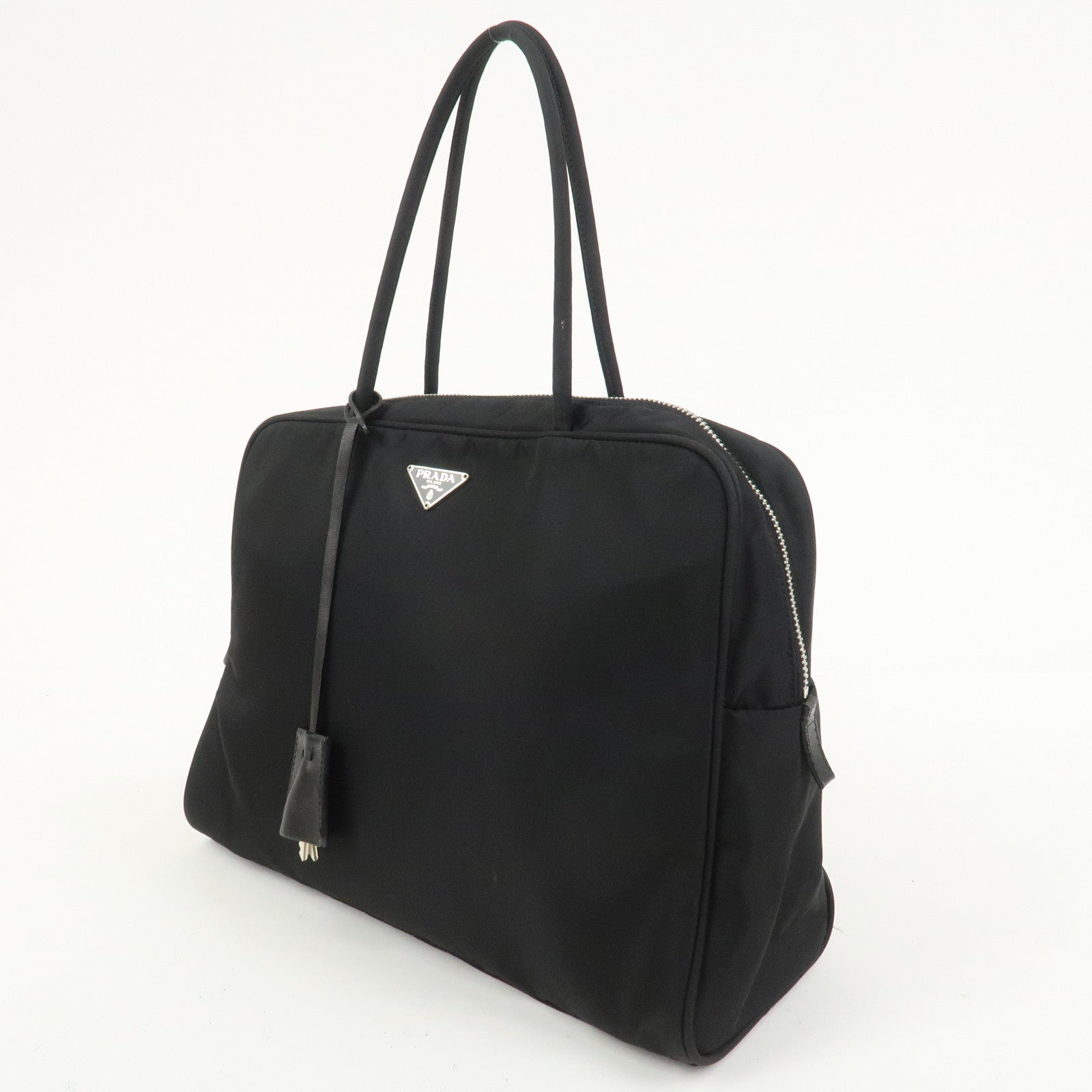 PRADA Triangle Logo Nylon Leather Hand Bag Black BN0531
