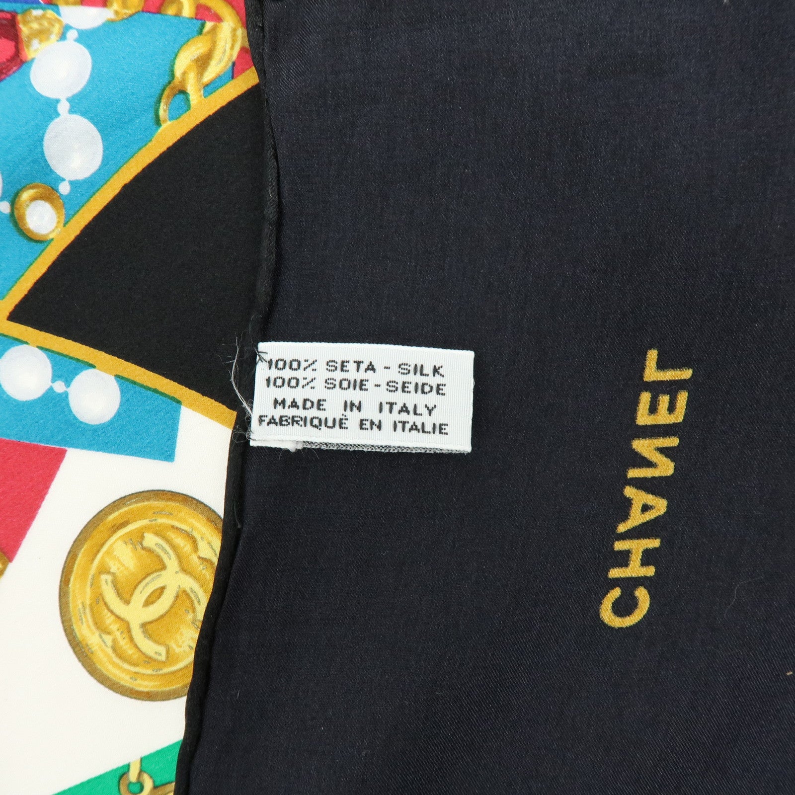 CHANEL COCO Mark Jewelry Motif Silk 100% Scarf Black Multicolor