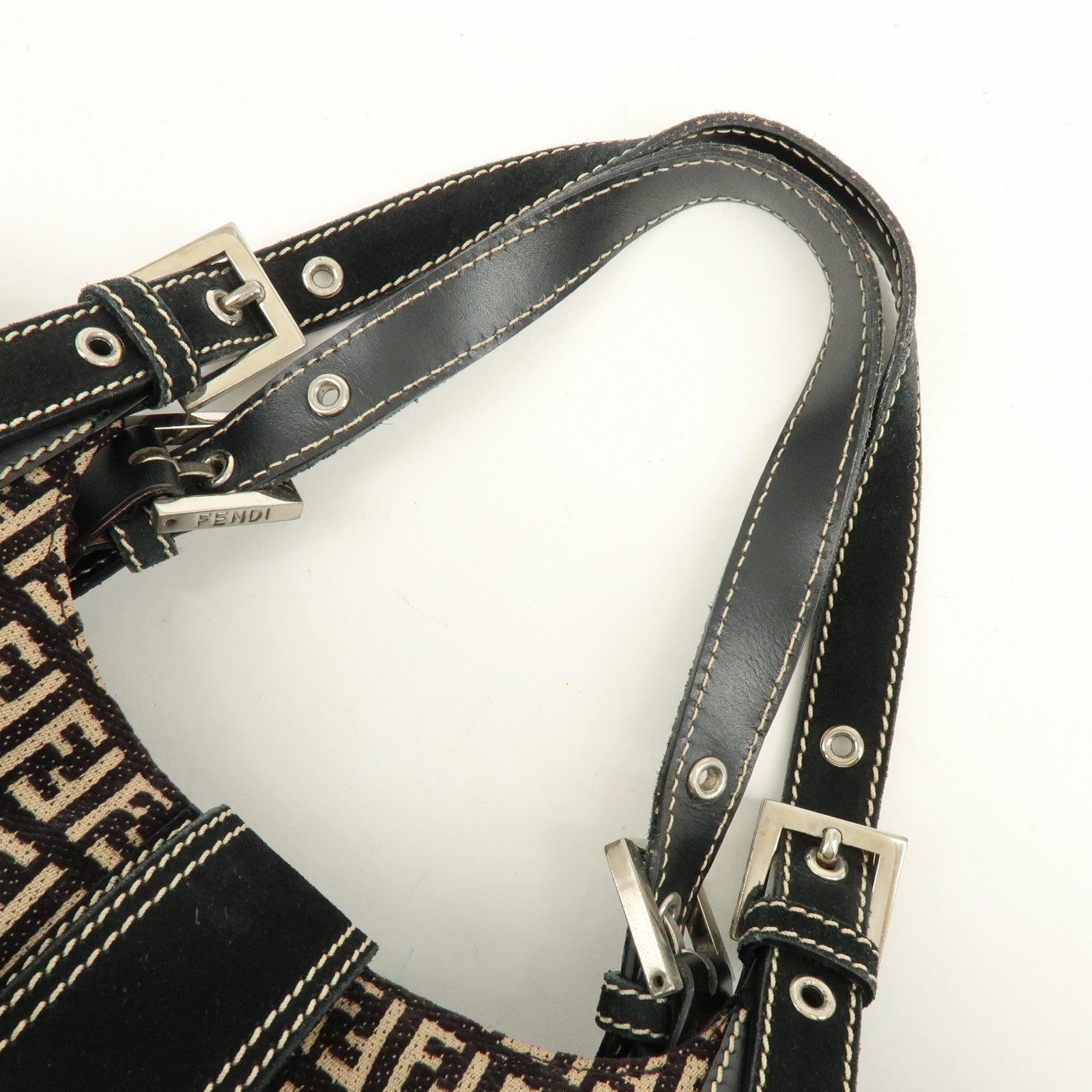 FENDI Zucchino Canvas Suede Leather Tote Bag Black Beige 8BR091
