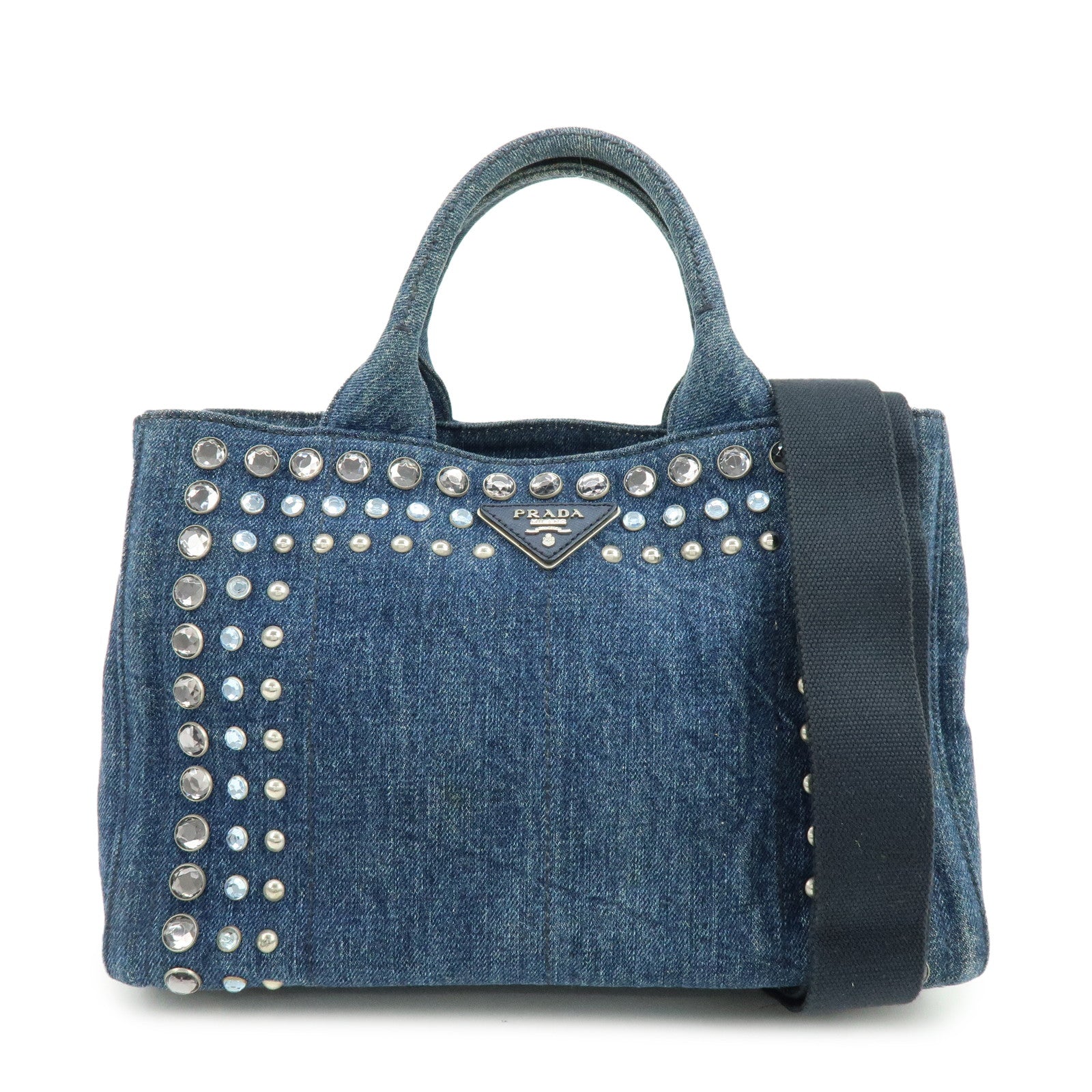 PRADA Canapa Mini Triangle Logo Denim 2Way Tote Shoulder Bag B2439O