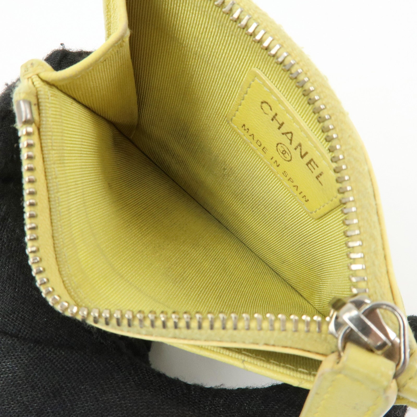 CHANEL Matelasse COCO Mark Lamb Skin Card Case Card Holder Yellow