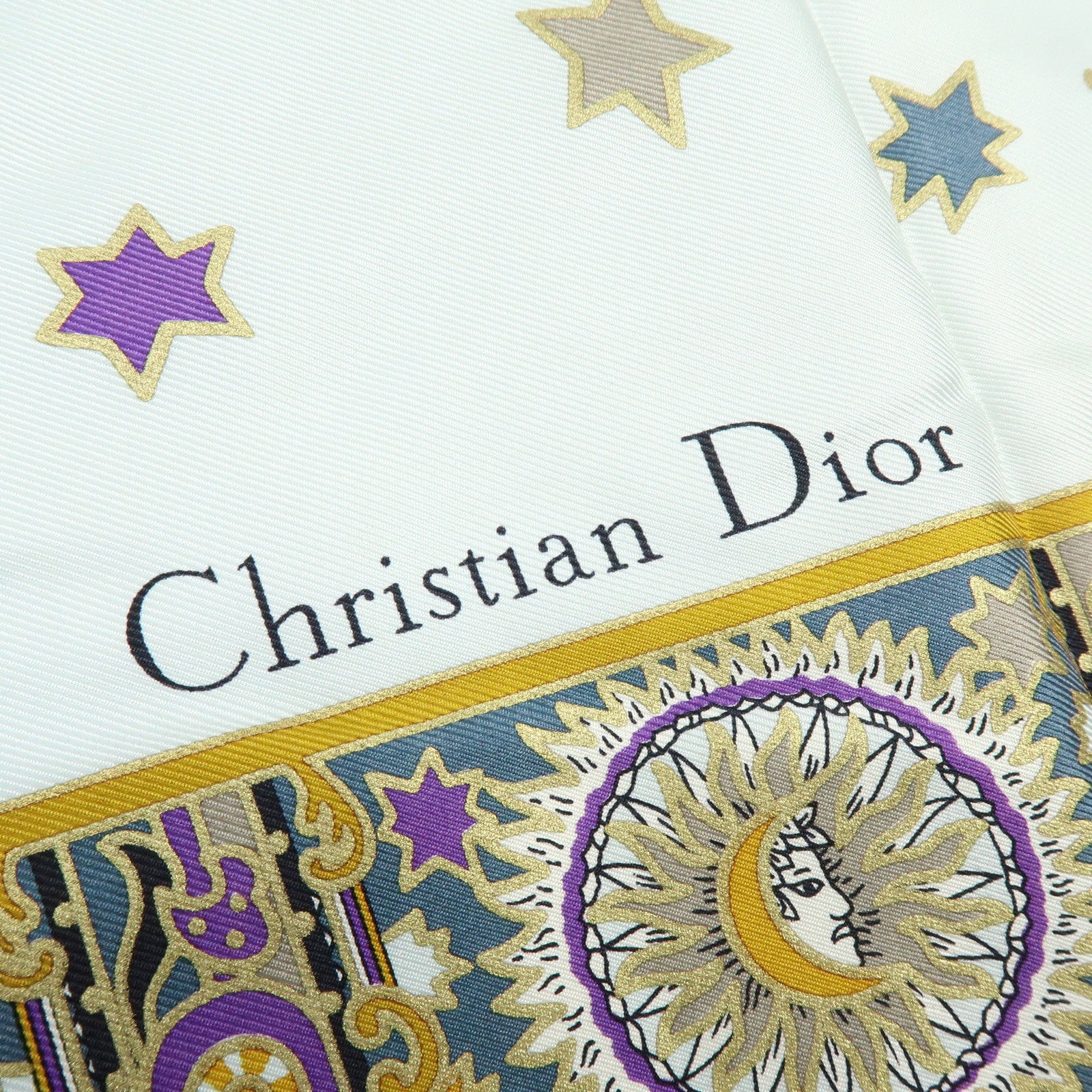 Christian Dior Silk 100% Scarf Celestial Star Motif Light Blue