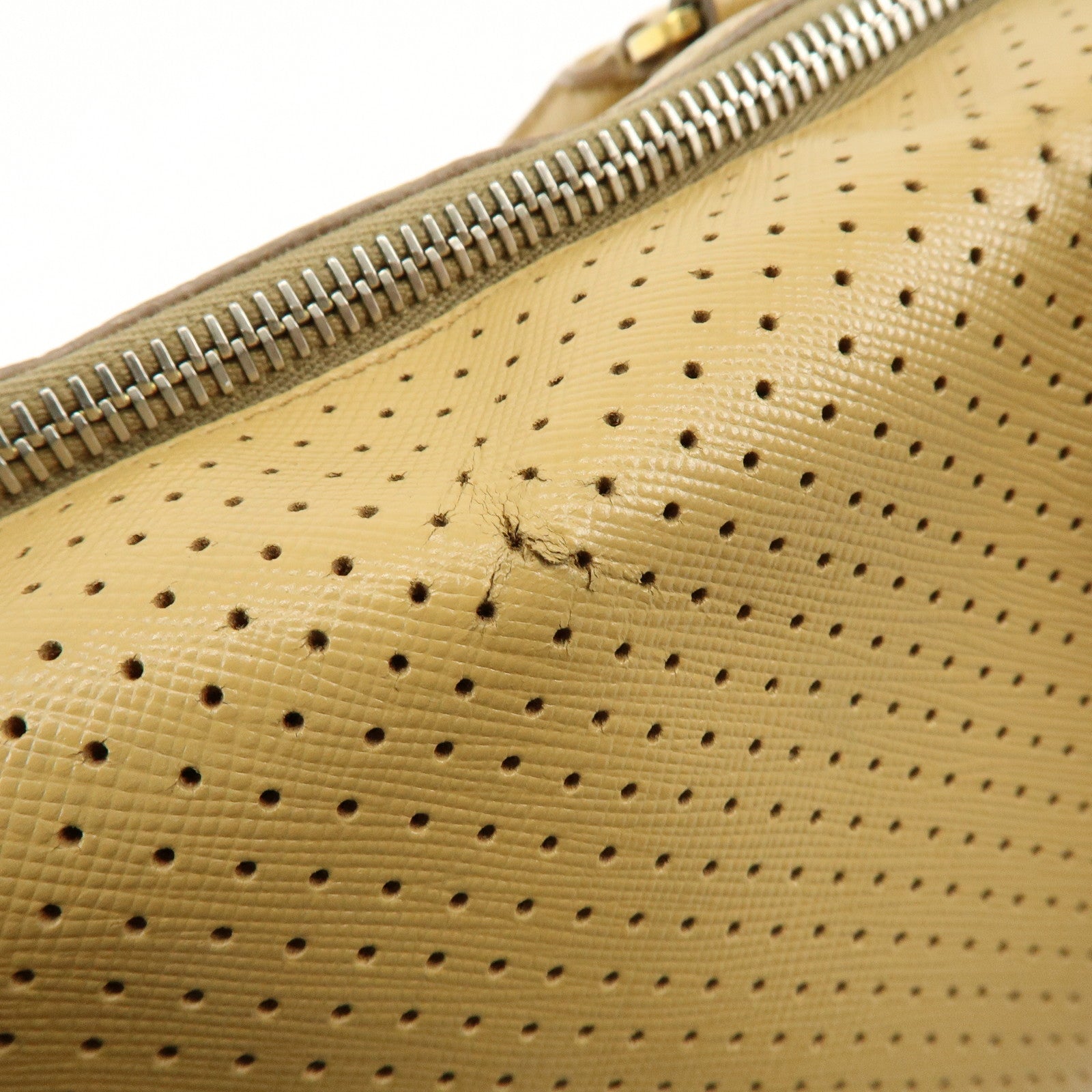 PRADA Triangle Logo Saffiano Leather Punched Boston Bag Beige