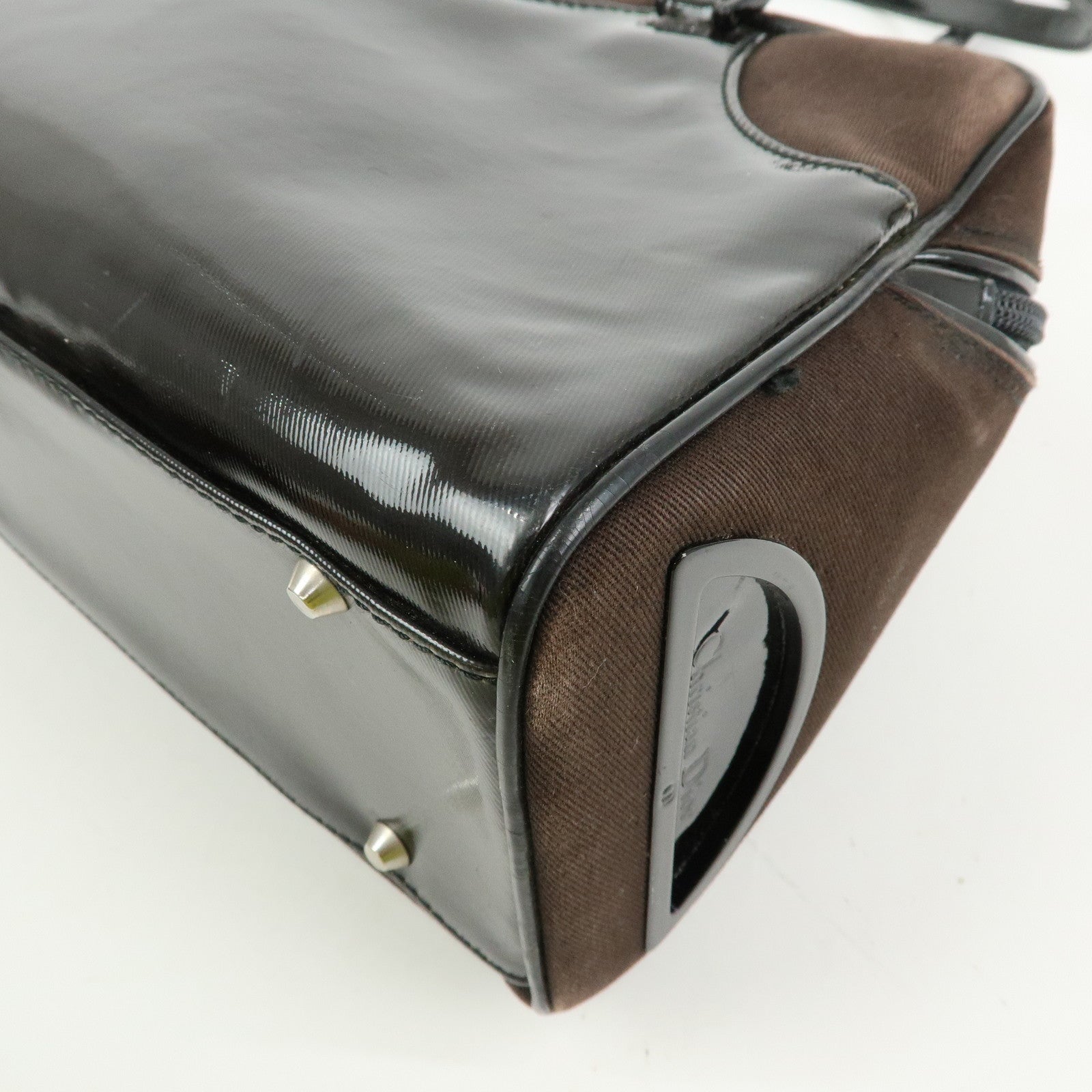 Christian Dior Canvas Patent Leather Boston Bag Hand Bag Brown
